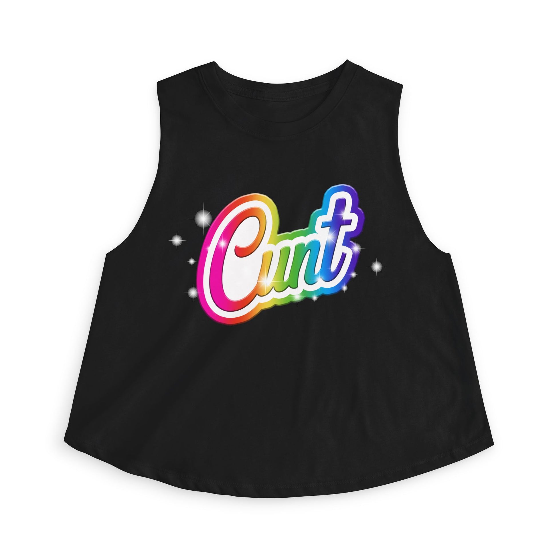 Crop top tank with rainbow Lisa Frank style Cunt lettering.