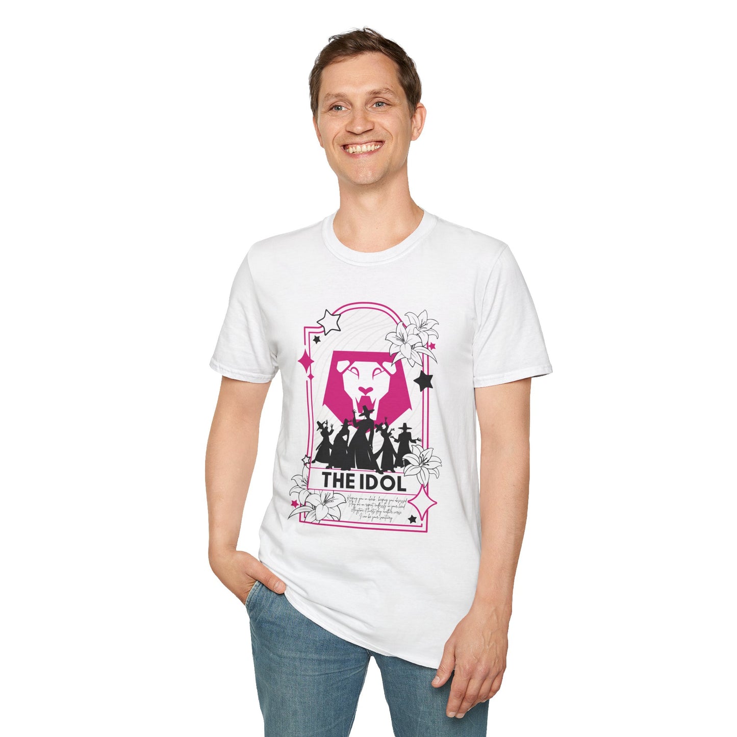 KPOP-inspired Saja Boys tarot card t-shirt featuring the Saja Boys as The Idol. Perfect for fans of KPOP, tarot, and unique fashion.