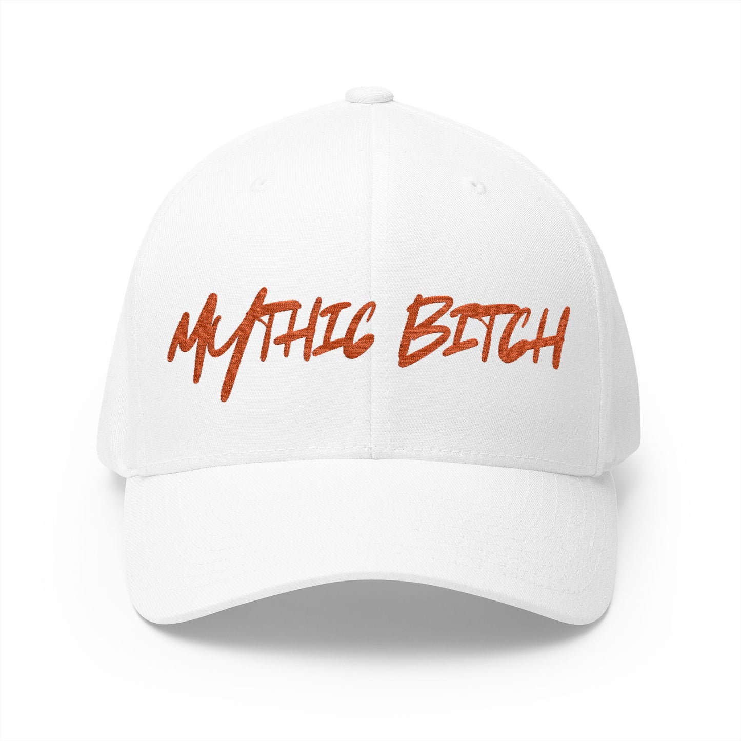 Baseball cap embroidered with “mythic bitch”.