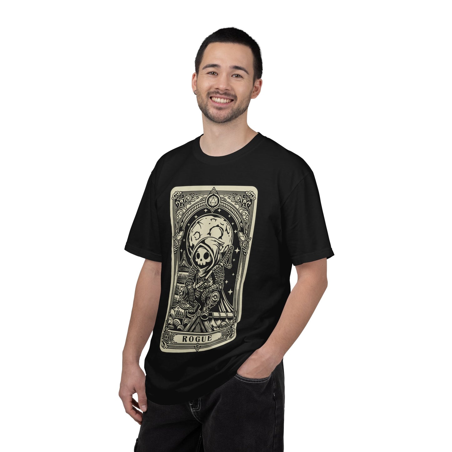 Man wearing a black DND Rogue t-shirt with a graphic design on a white background