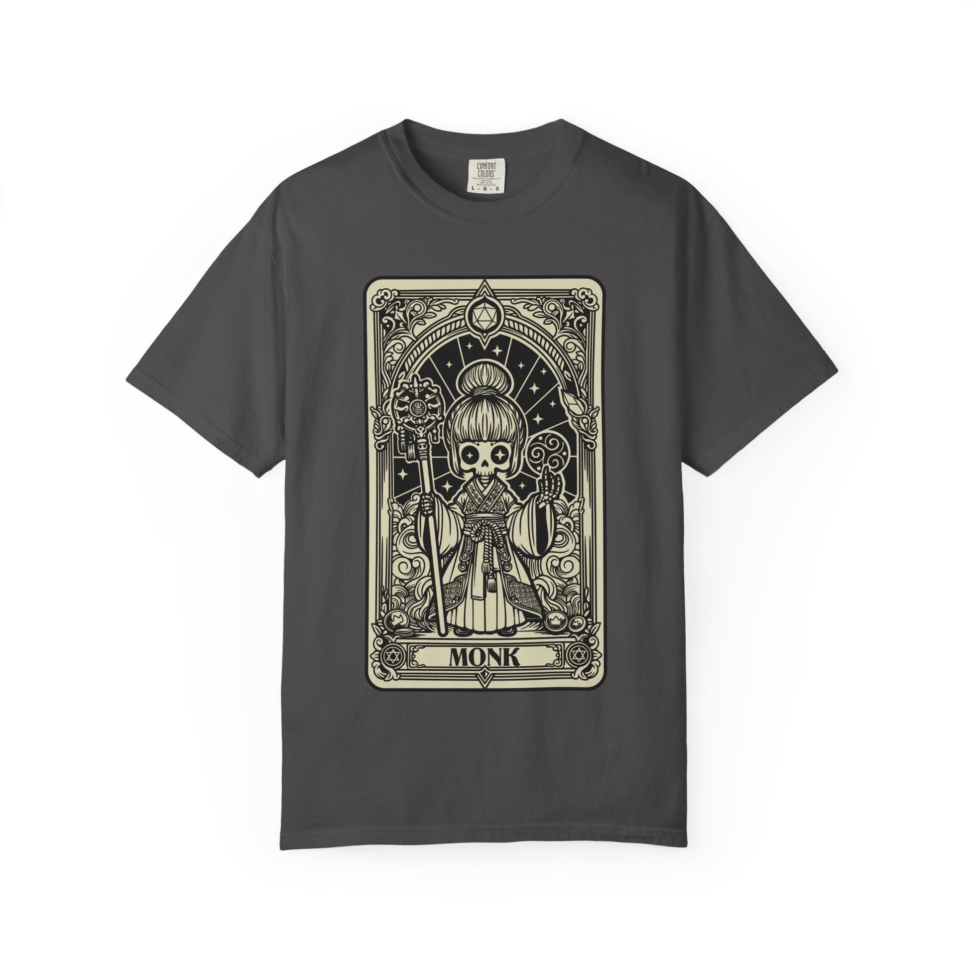 Gray t-shirt with a card-style Monk graphic design on a white background