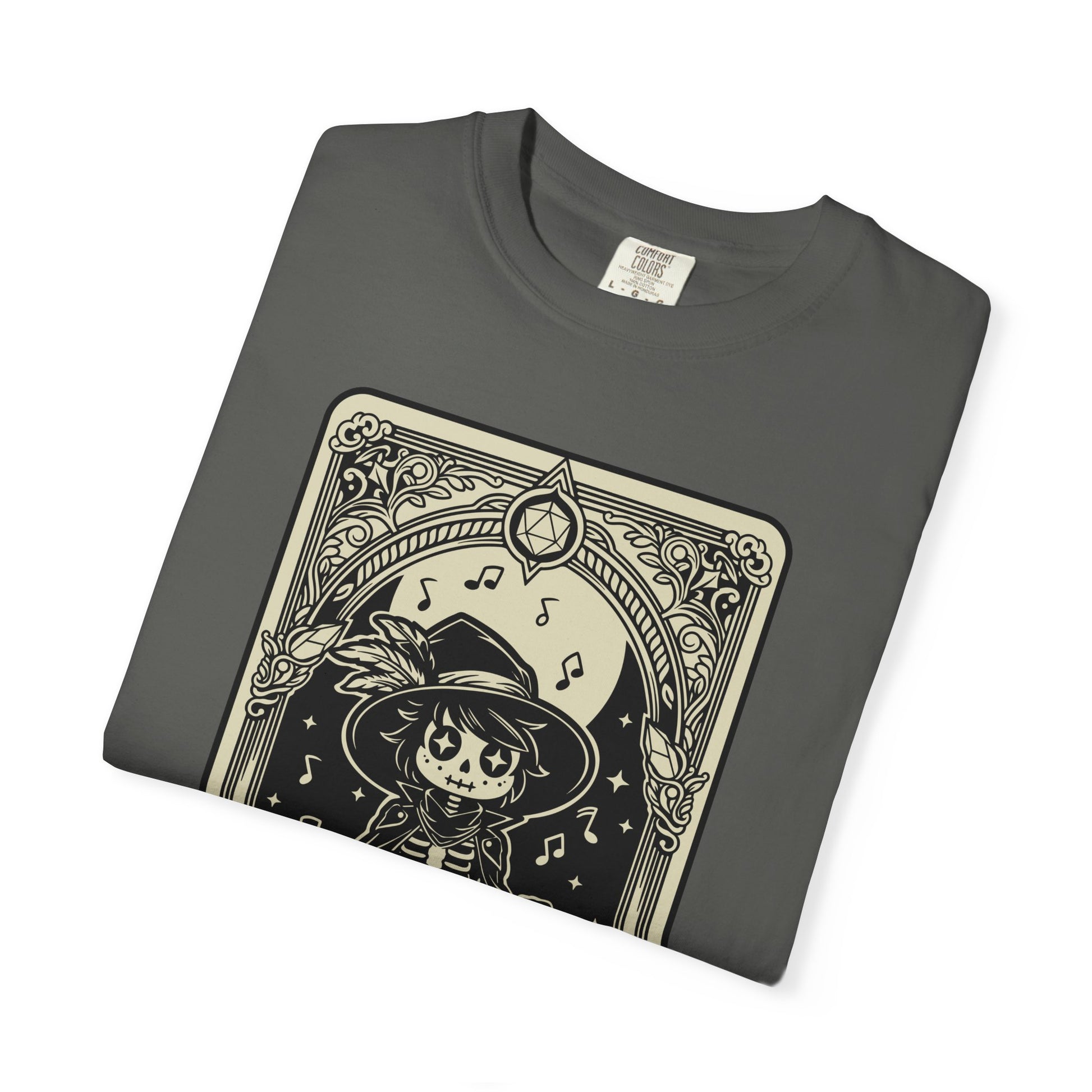 Folded gray t-shirt with a black and white DND Bard Tarot graphic design on a white background