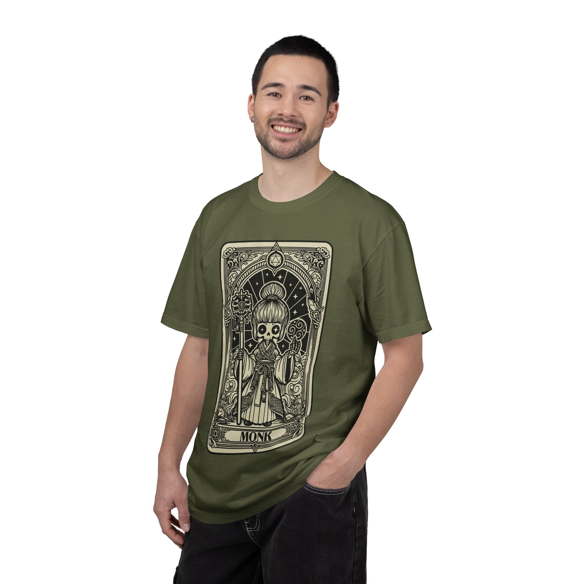 Man wearing a green t-shirt with a graphic Monk design on a white background