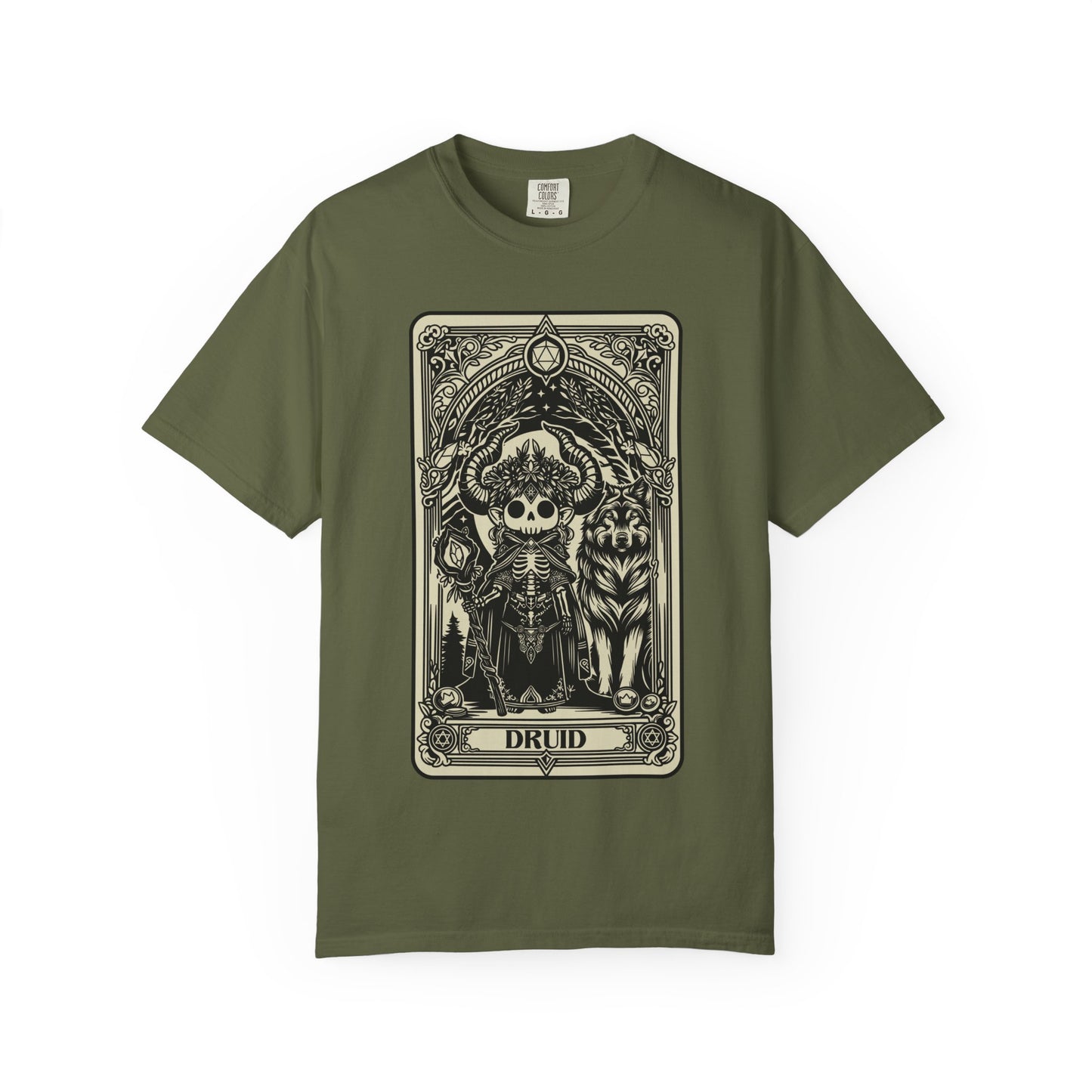 Green t-shirt with a graphic design of a skeleton in armor labeled 'Druid' on a white background