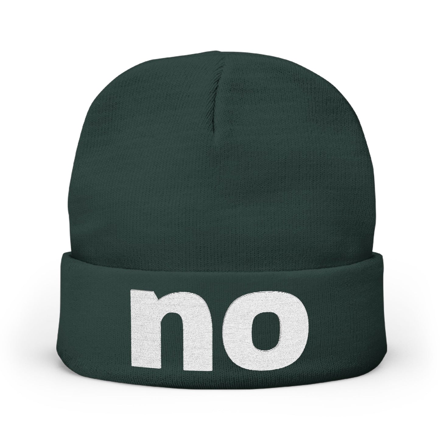 Embroidered beanie with the word “no”.