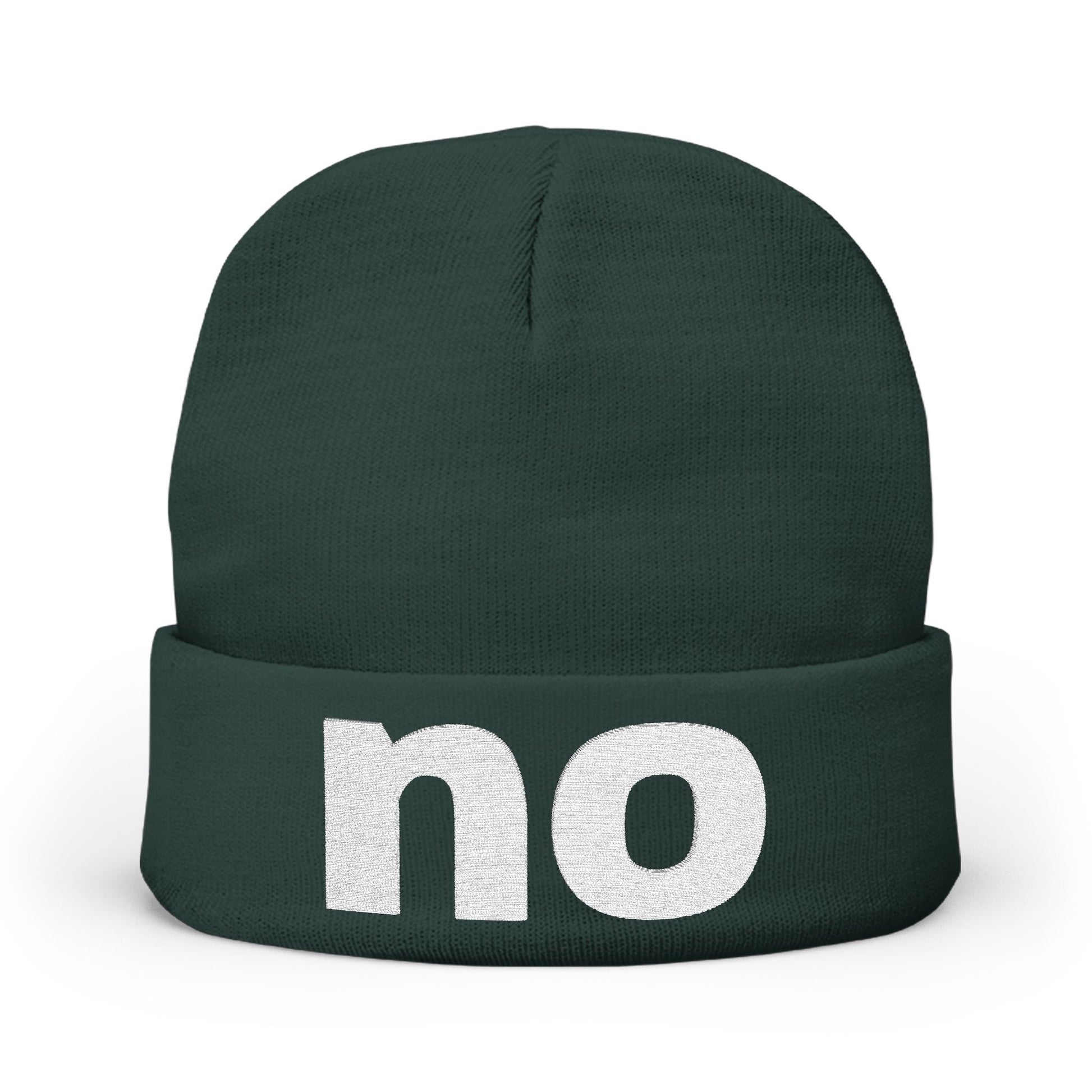 Embroidered beanie with the word “no”.