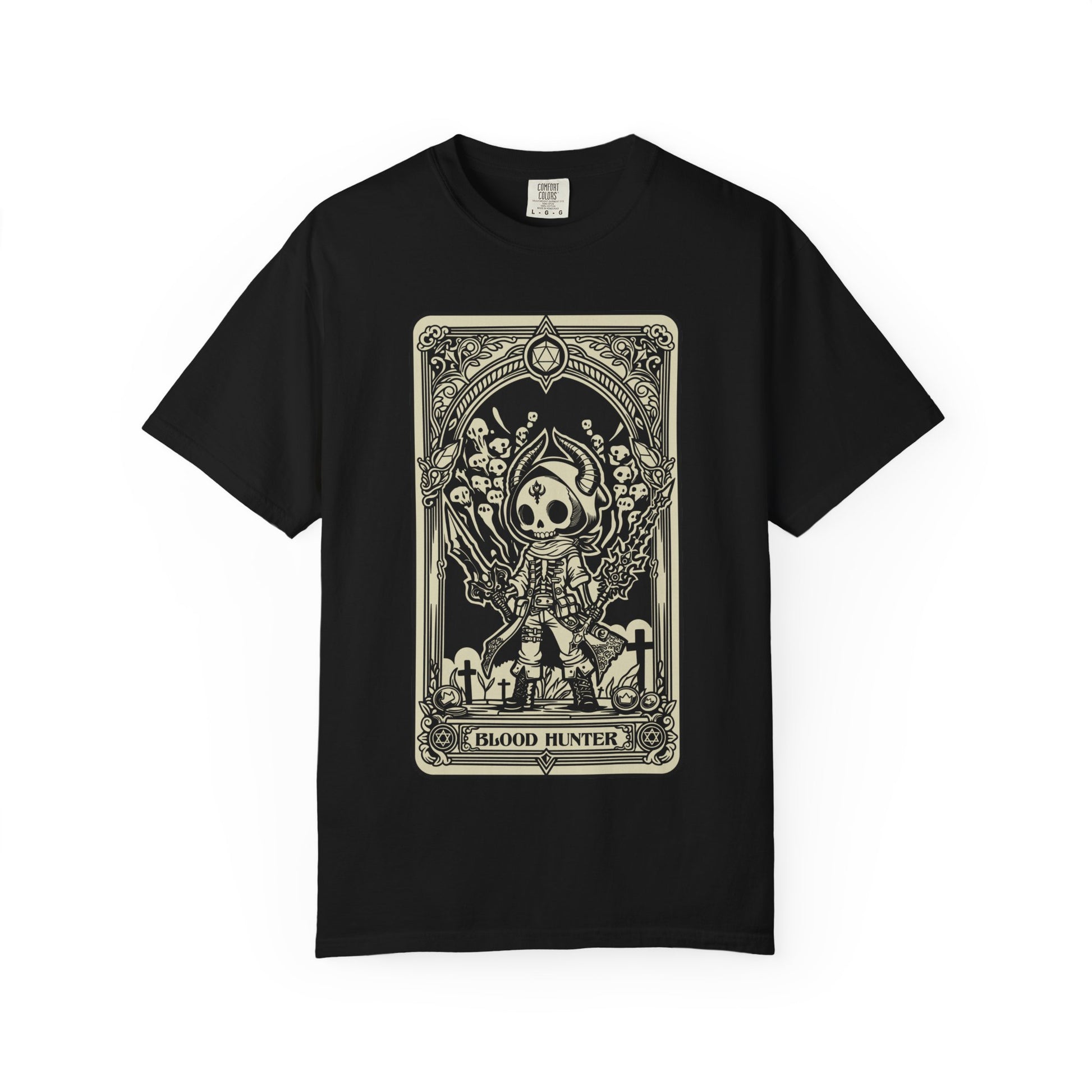 Black t-shirt with a graphic design of a skeleton holding a gun and the text 'Blood Hunter' on a white background.