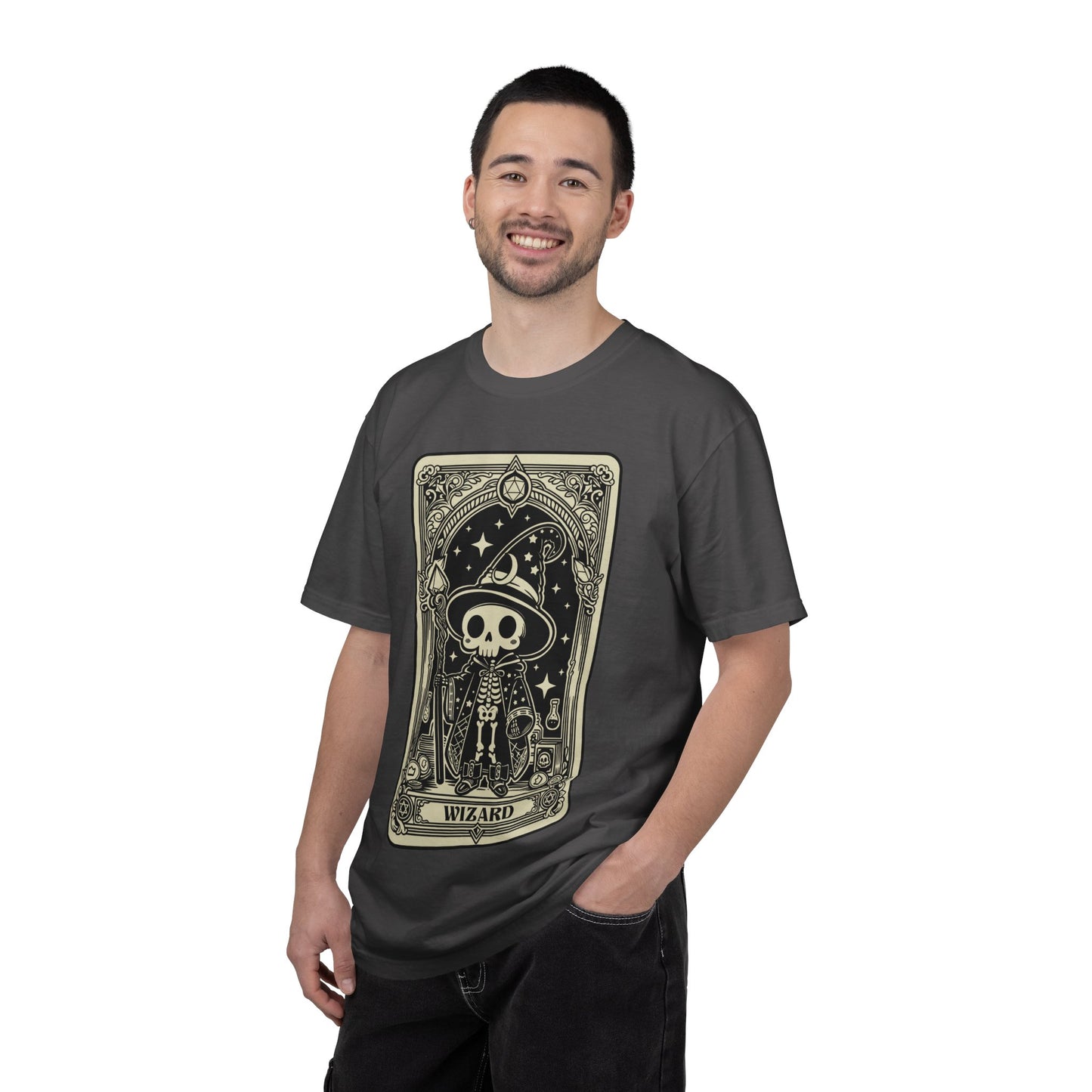 Man wearing a dark gray t-shirt with a graphic DND Wizard design on a white background