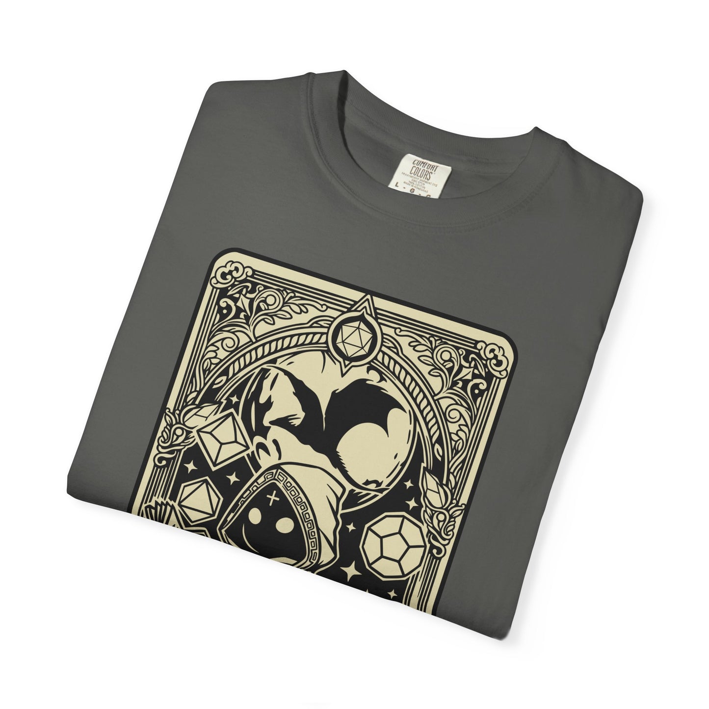 Folded gray t-shirt with a black and white Dungeon Master design on a white background