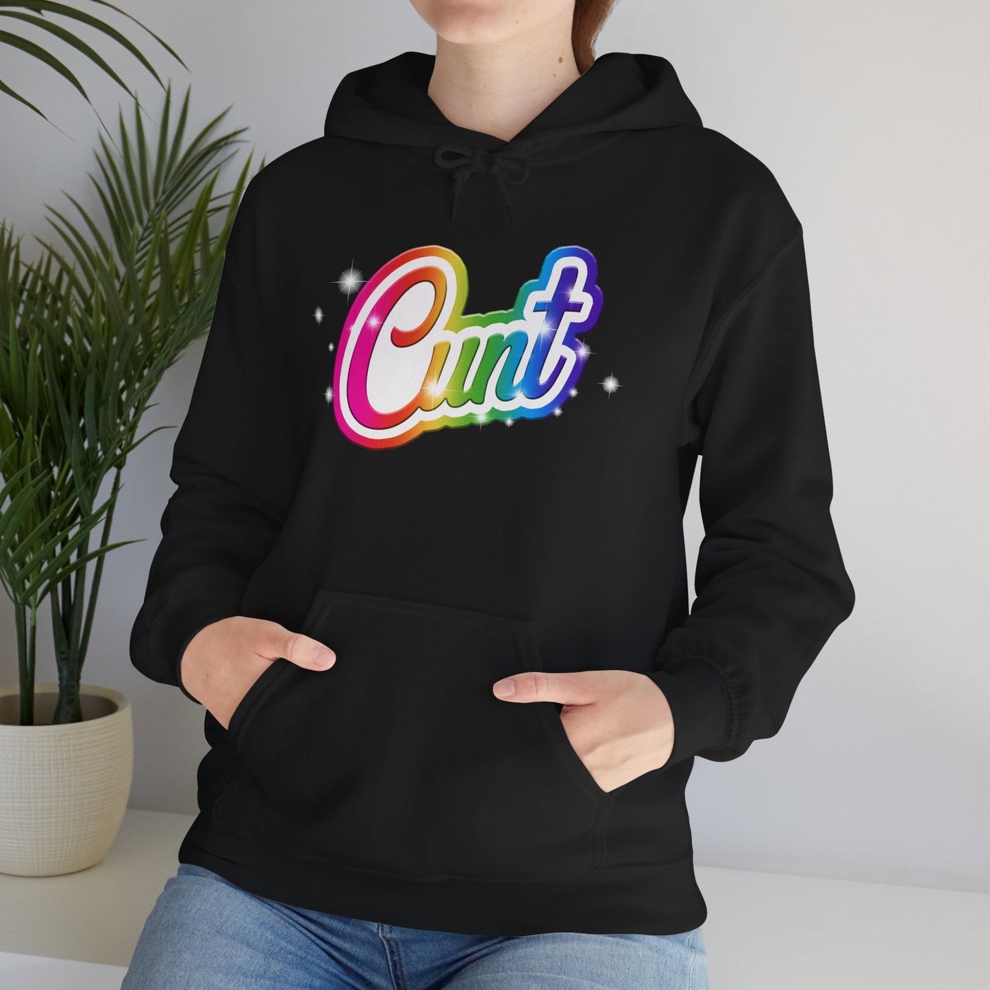Unisex Hoodie with Lisa Frank Style lettering that says CUNT.