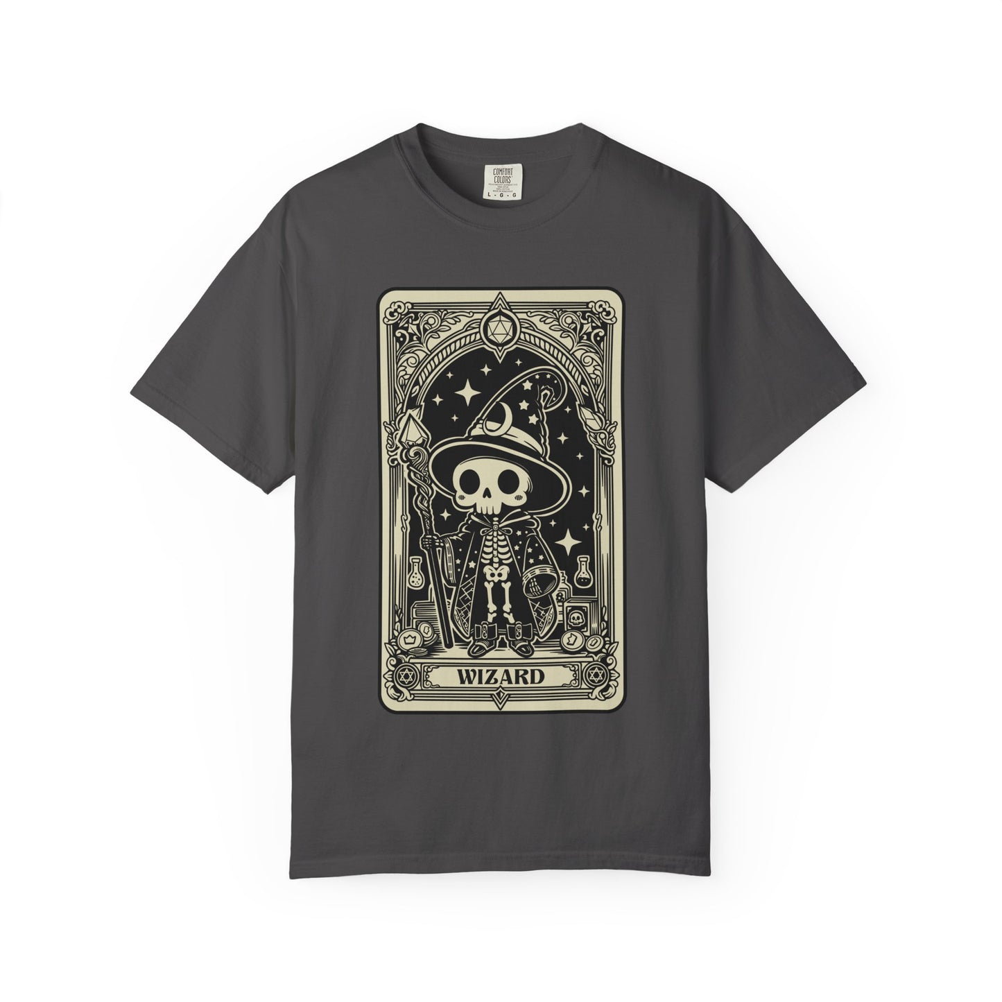 Gray t-shirt with a skeleton wearing a wizard hat and 'Wizard' text on a white background