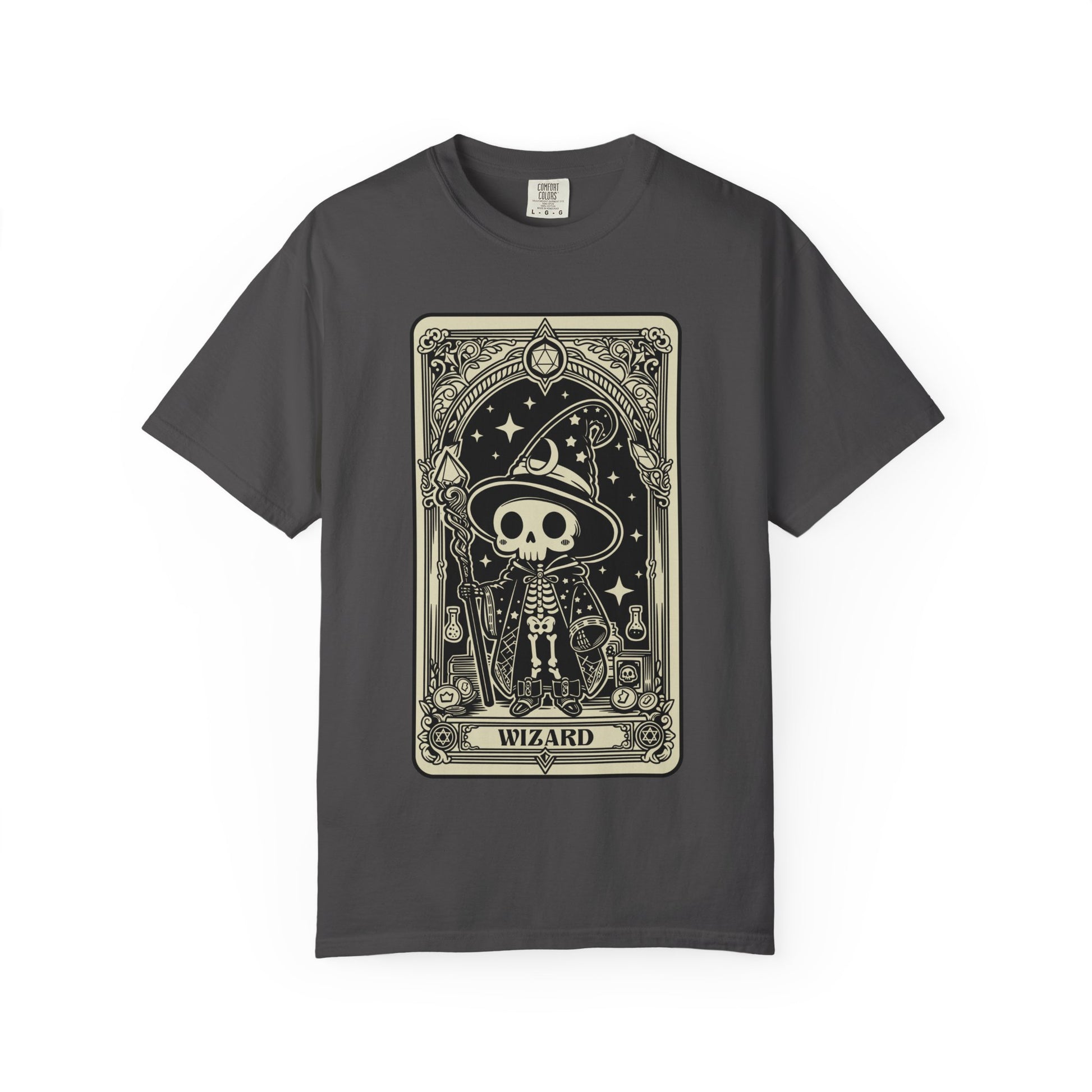 Gray t-shirt with a skeleton wearing a wizard hat and 'Wizard' text on a white background