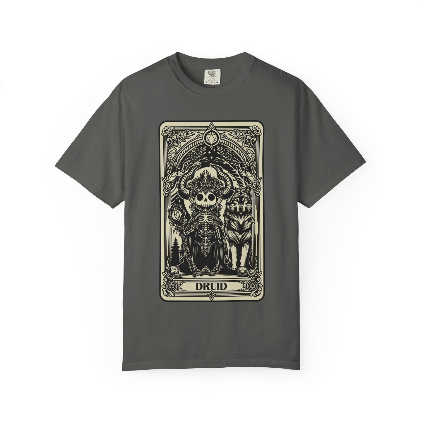 Gray t-shirt with a tarot card-style graphic of a skeleton labeled 'Druid' on a white background