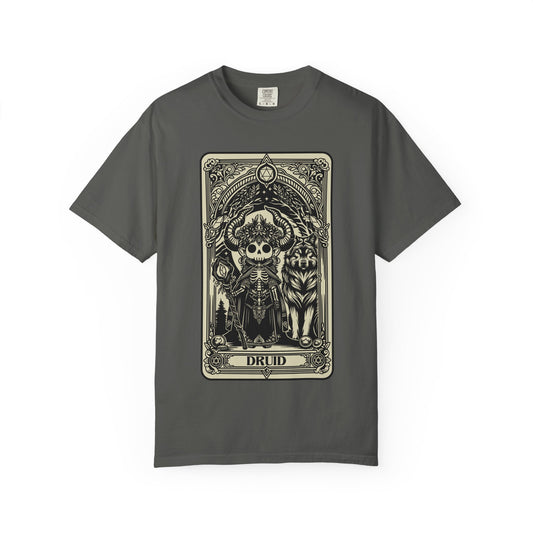 Gray t-shirt with a tarot card-style graphic of a skeleton labeled 'Druid' on a white background