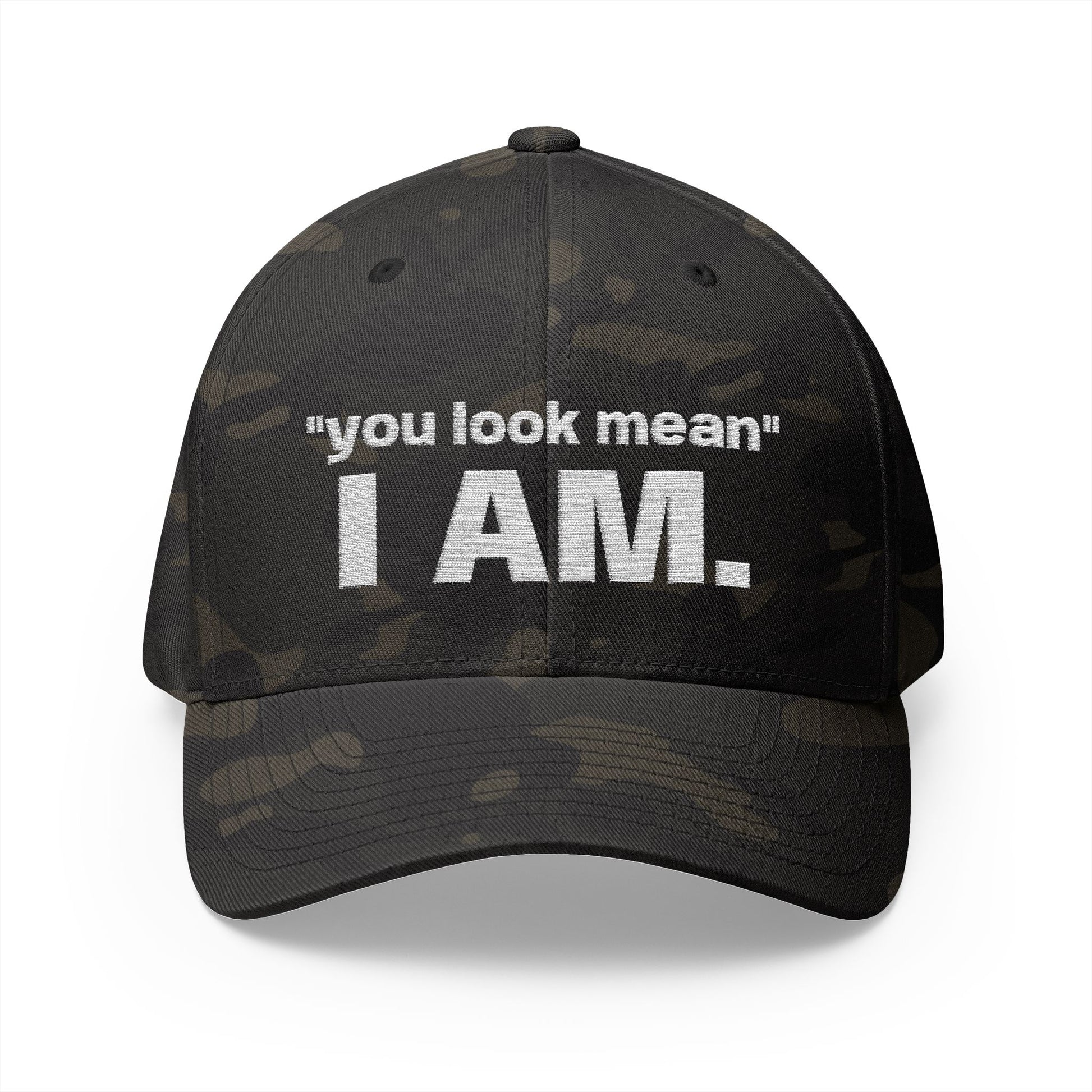 Hat embroidered with “You look mean” and “I am.” text.