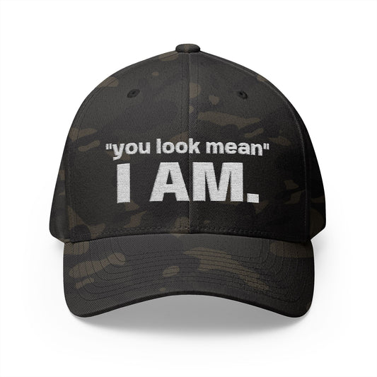 Hat embroidered with “You look mean” and “I am.” text.