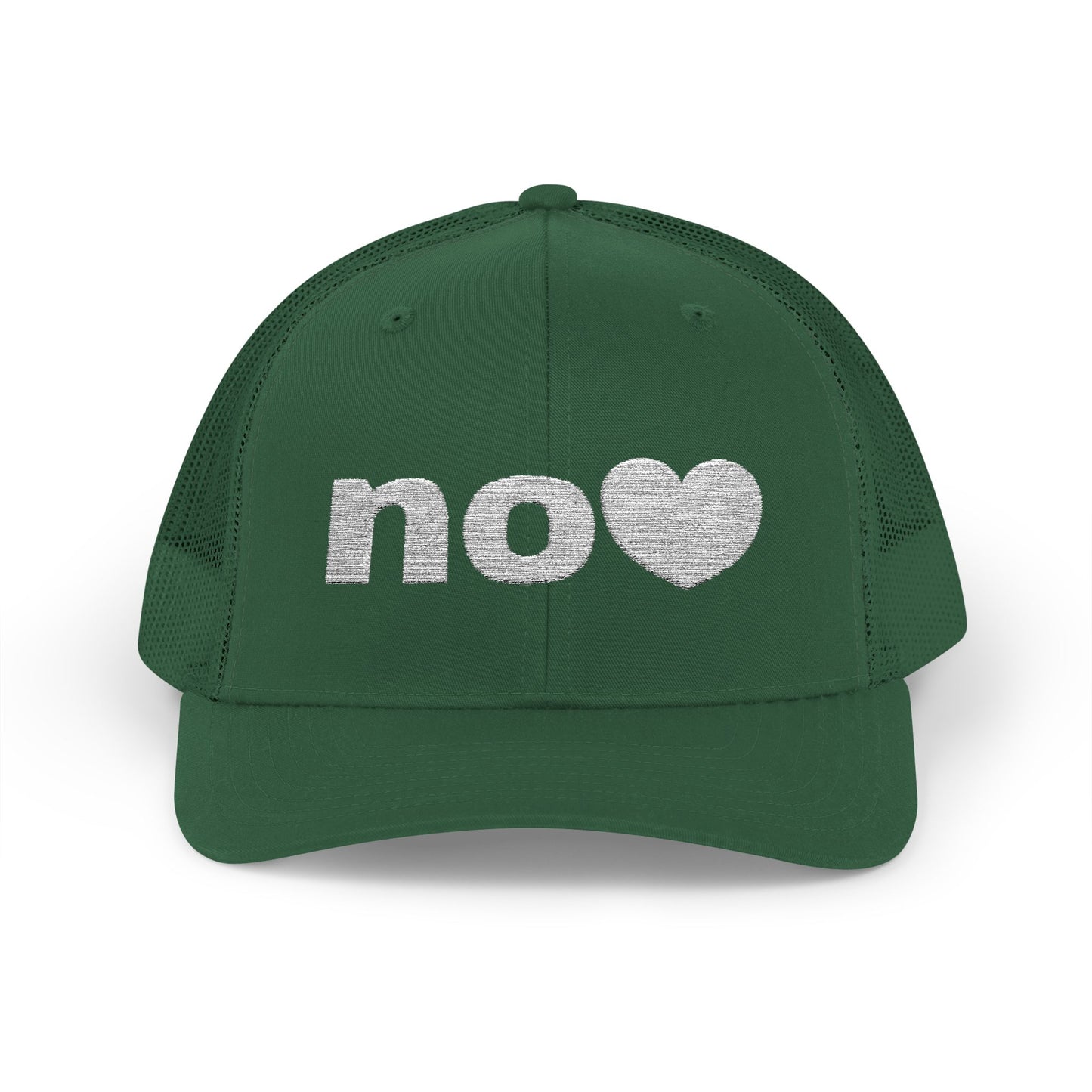 Trucker hat embroidered with NO and a heart.