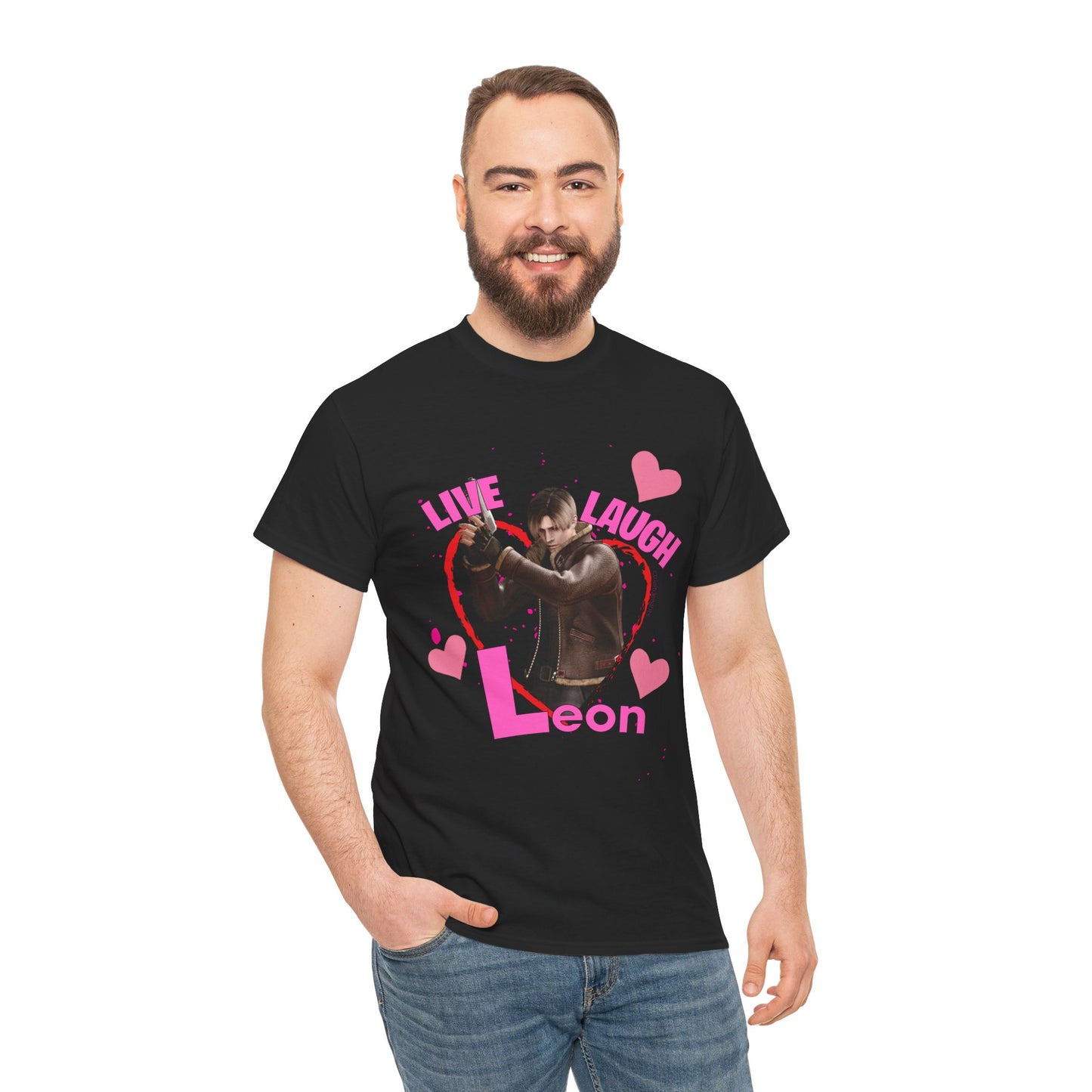 Resident Evil-inspired fan t-shirt featuring Leon S. Kennedy with heart graphics and the text ‘Live Laugh Leon.’ Perfect gift for Resident Evil fans and Valentine's Day.