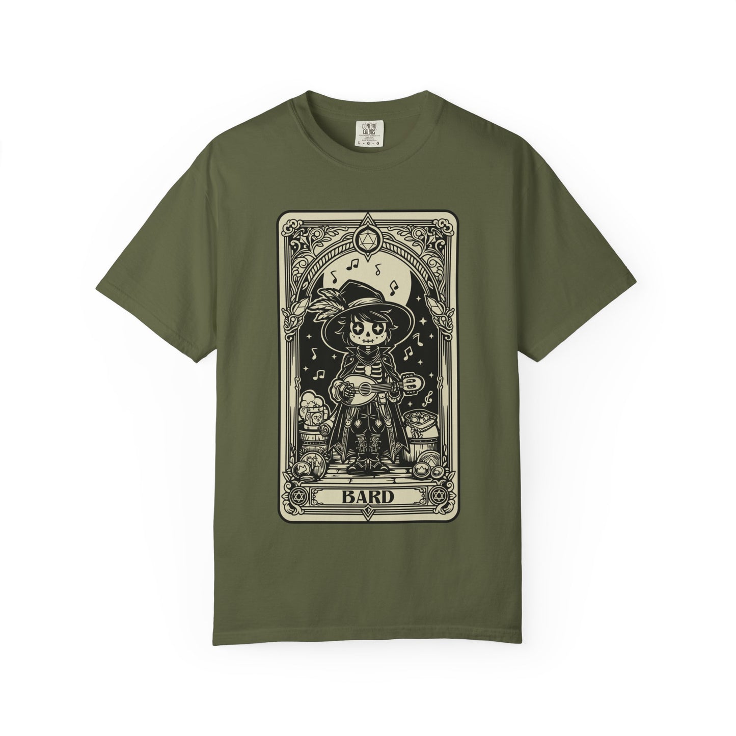 Green t-shirt with a DND Bard Tarot graphic design on a white background