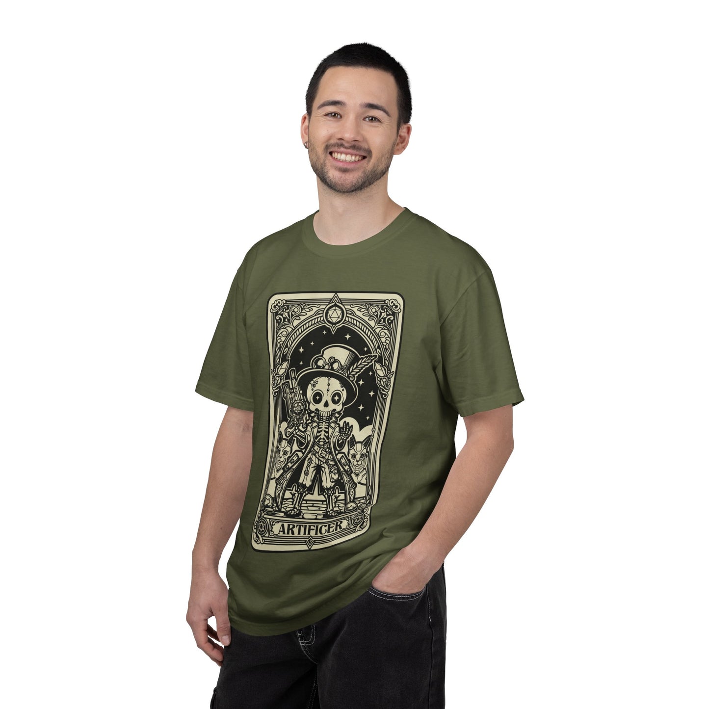 Man wearing a green DND Artificer t-shirt with a graphic tarot design on a white background