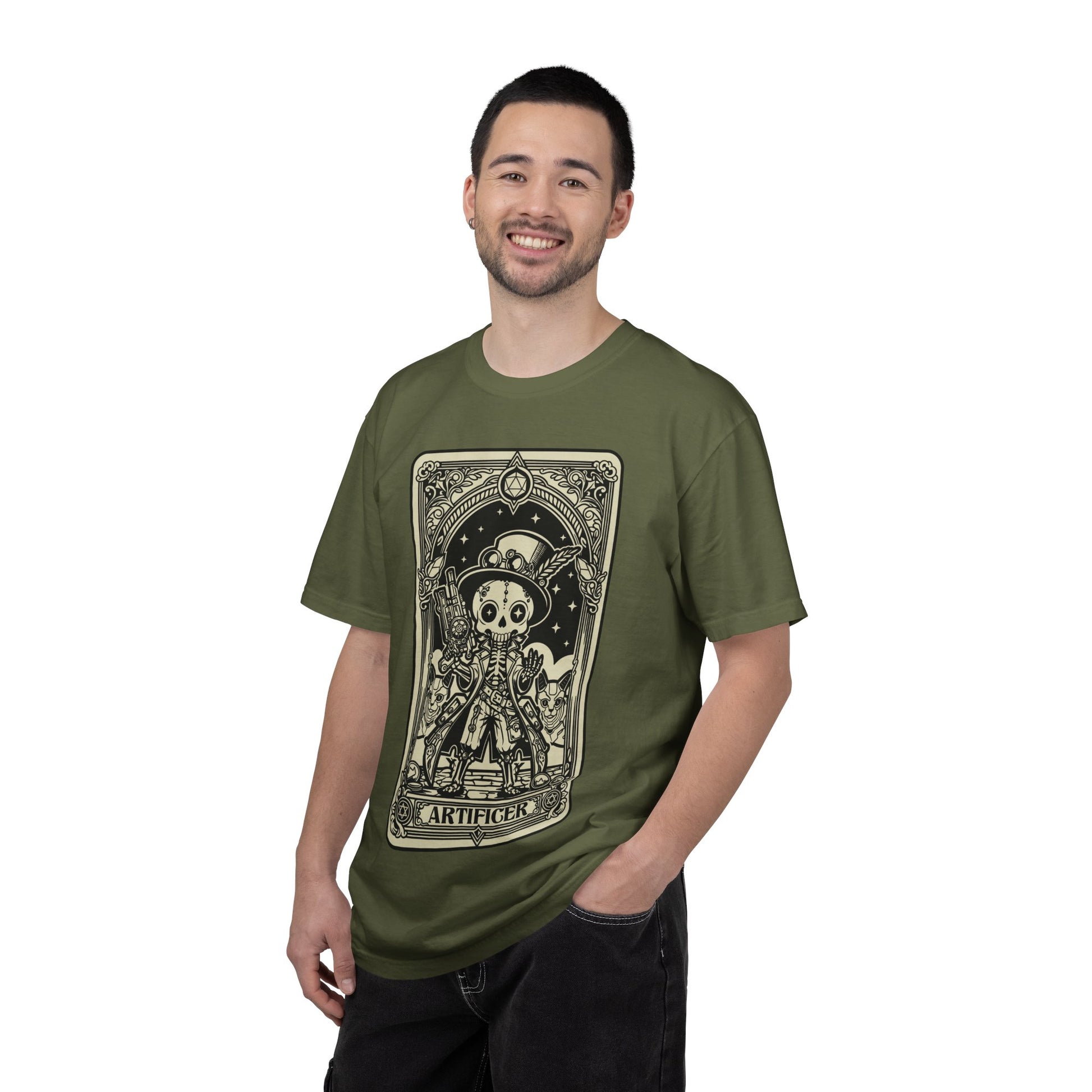 Man wearing a green DND Artificer t-shirt with a graphic tarot design on a white background