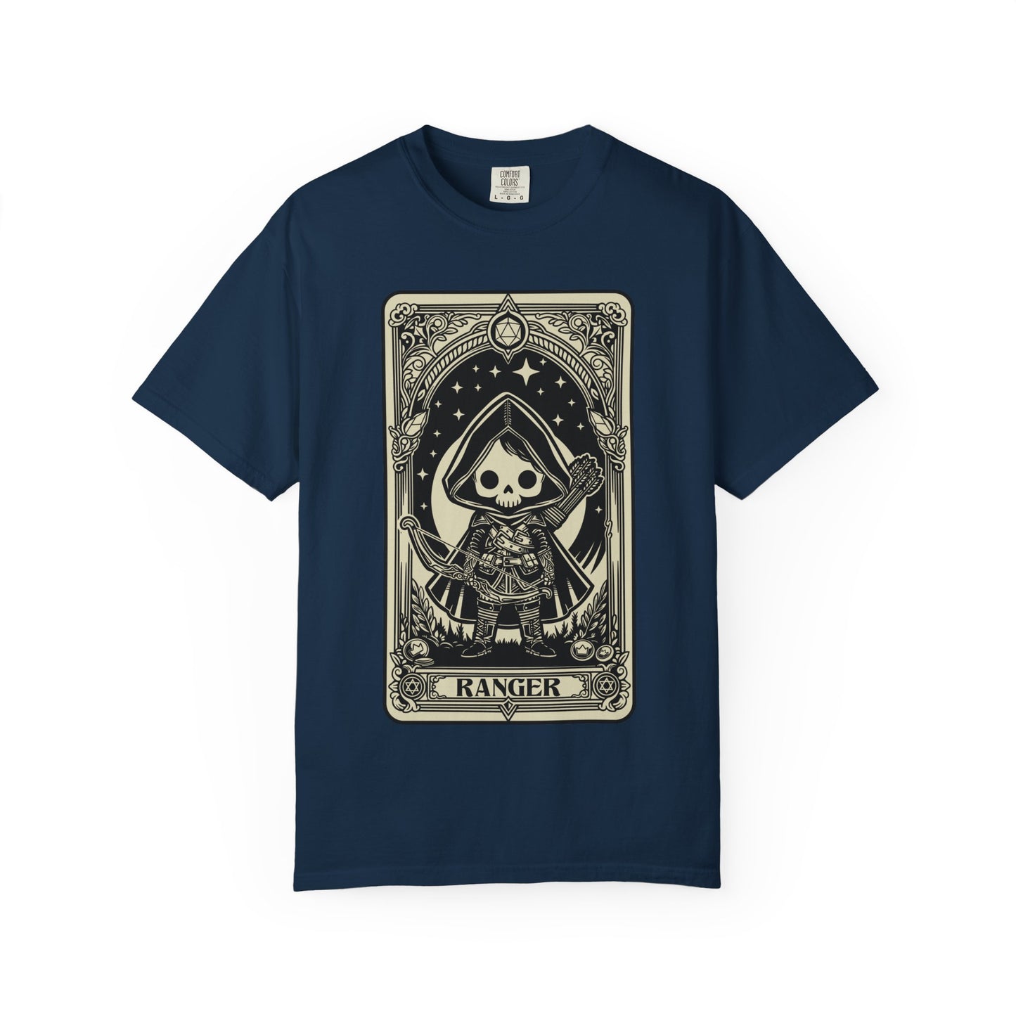 Navy blue t-shirt with a graphic design of a skeleton ranger on a white background