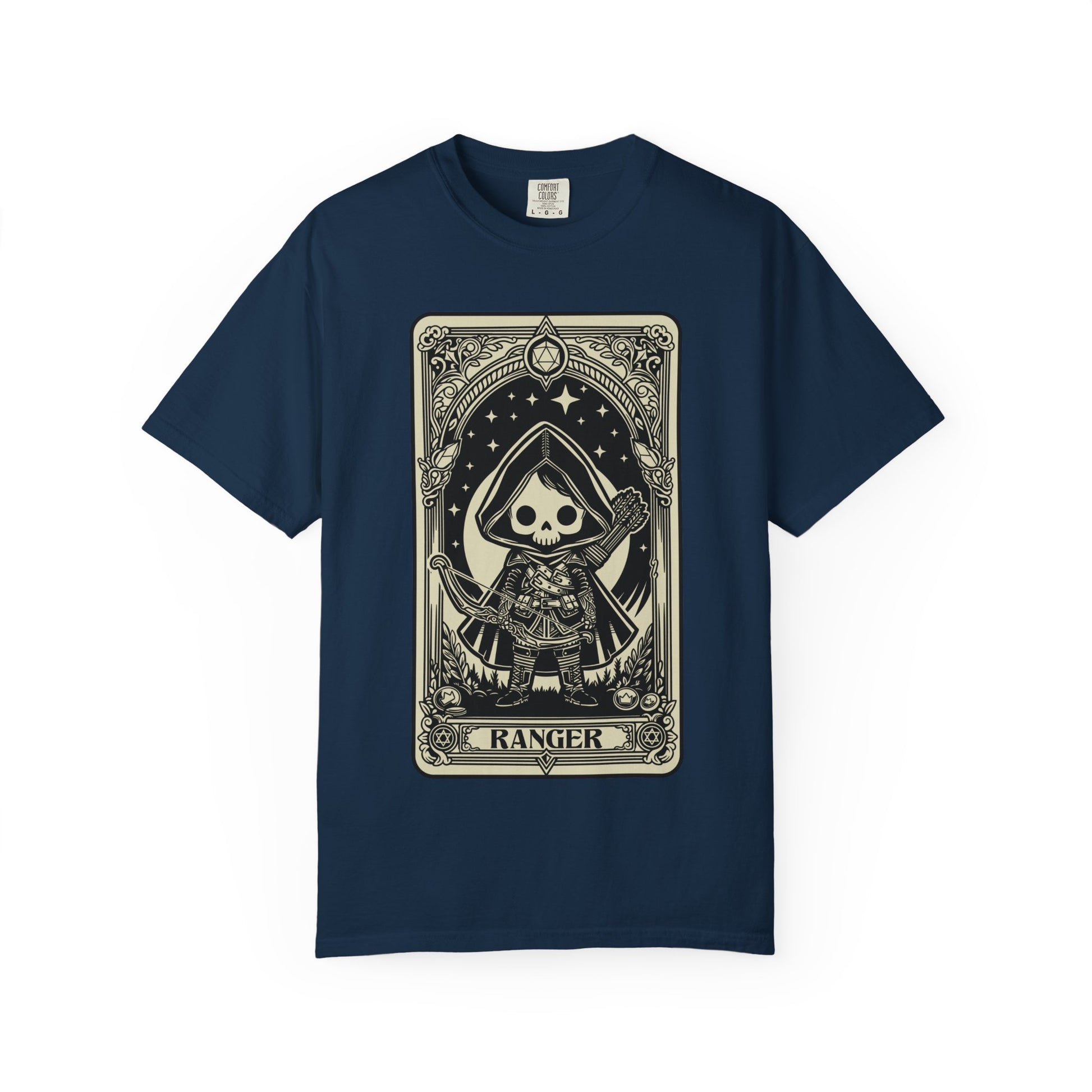 Navy blue t-shirt with a graphic design of a skeleton ranger on a white background