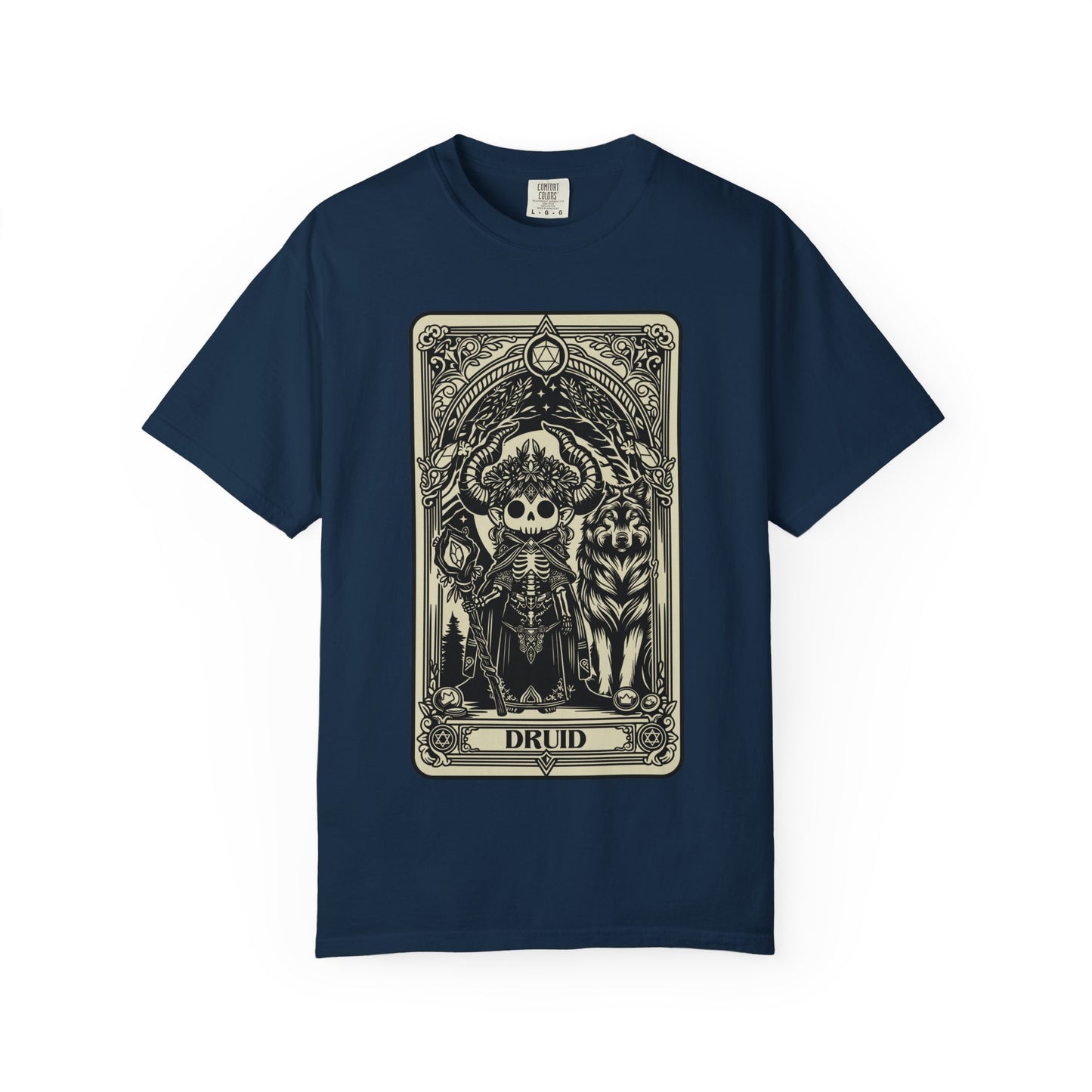 Navy blue t-shirt with a tarot card-style Druid graphic of a druid on a white background