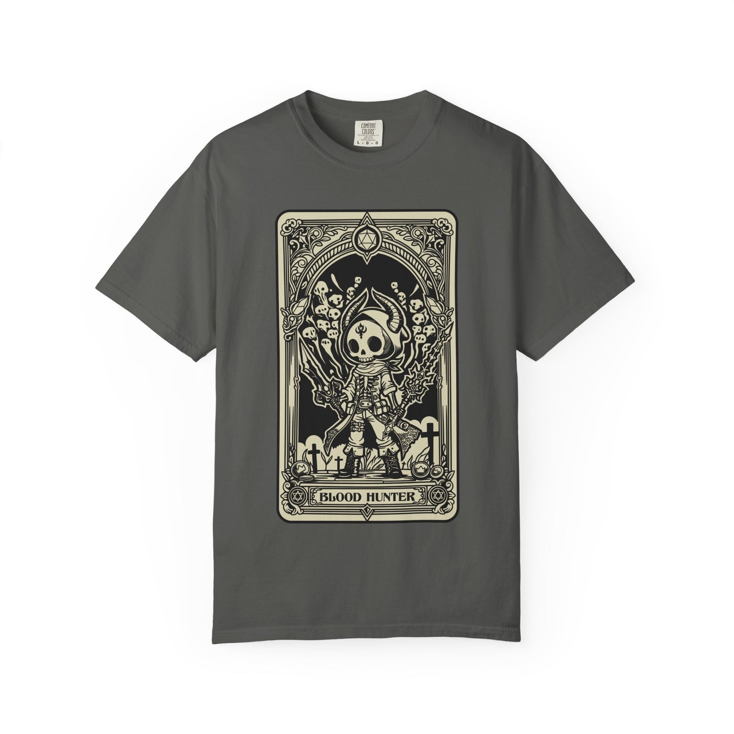 Gray t-shirt with a graphic design of a skeleton holding a sword and the text 'Blood Hunter' on a white background.