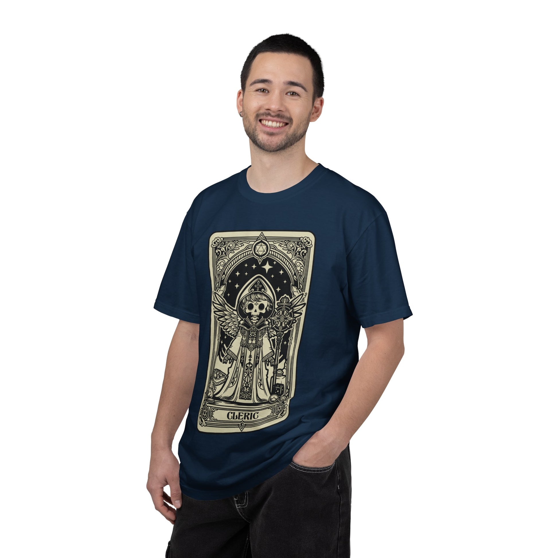 Man wearing a navy blue t-shirt with a DND Cleric graphic design on a white background