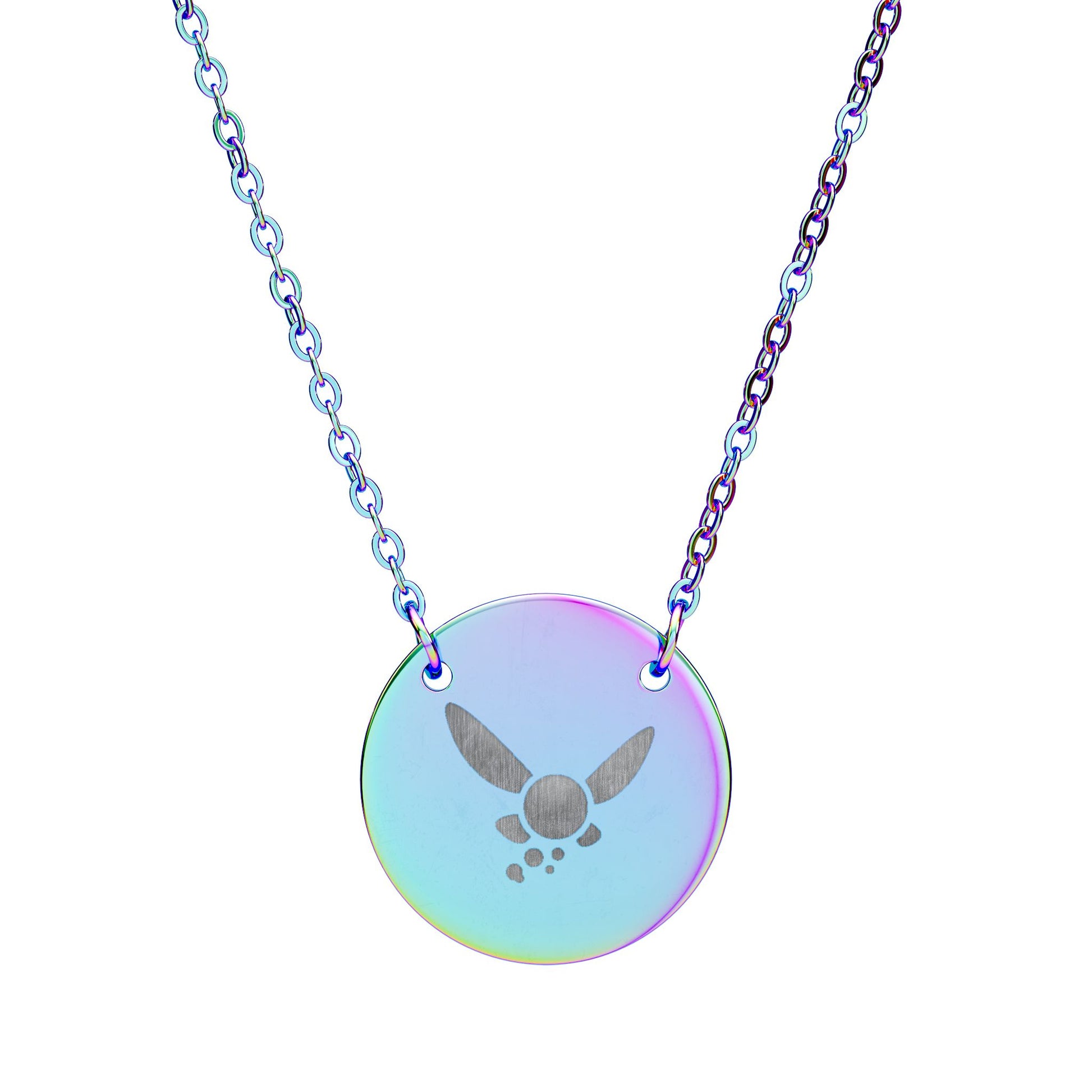 Laser engraved Navi fairy necklace on circular pendant.