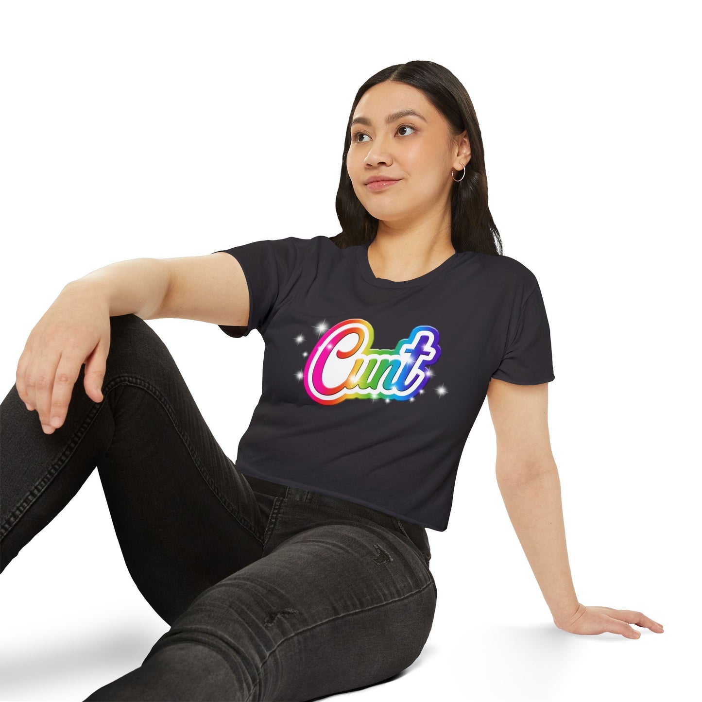 Crop top t-shirt with rainbow Lisa Frank style Cunt lettering.