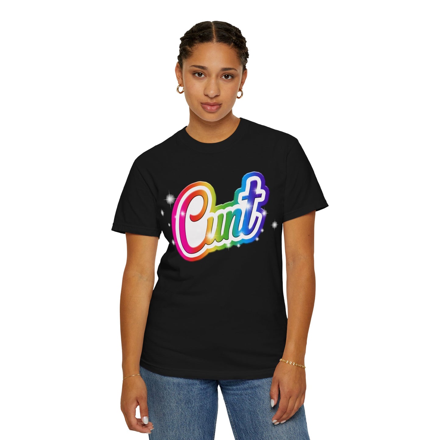 Unisex T-shirt with rainbow Lisa Frank style Cunt lettering.
