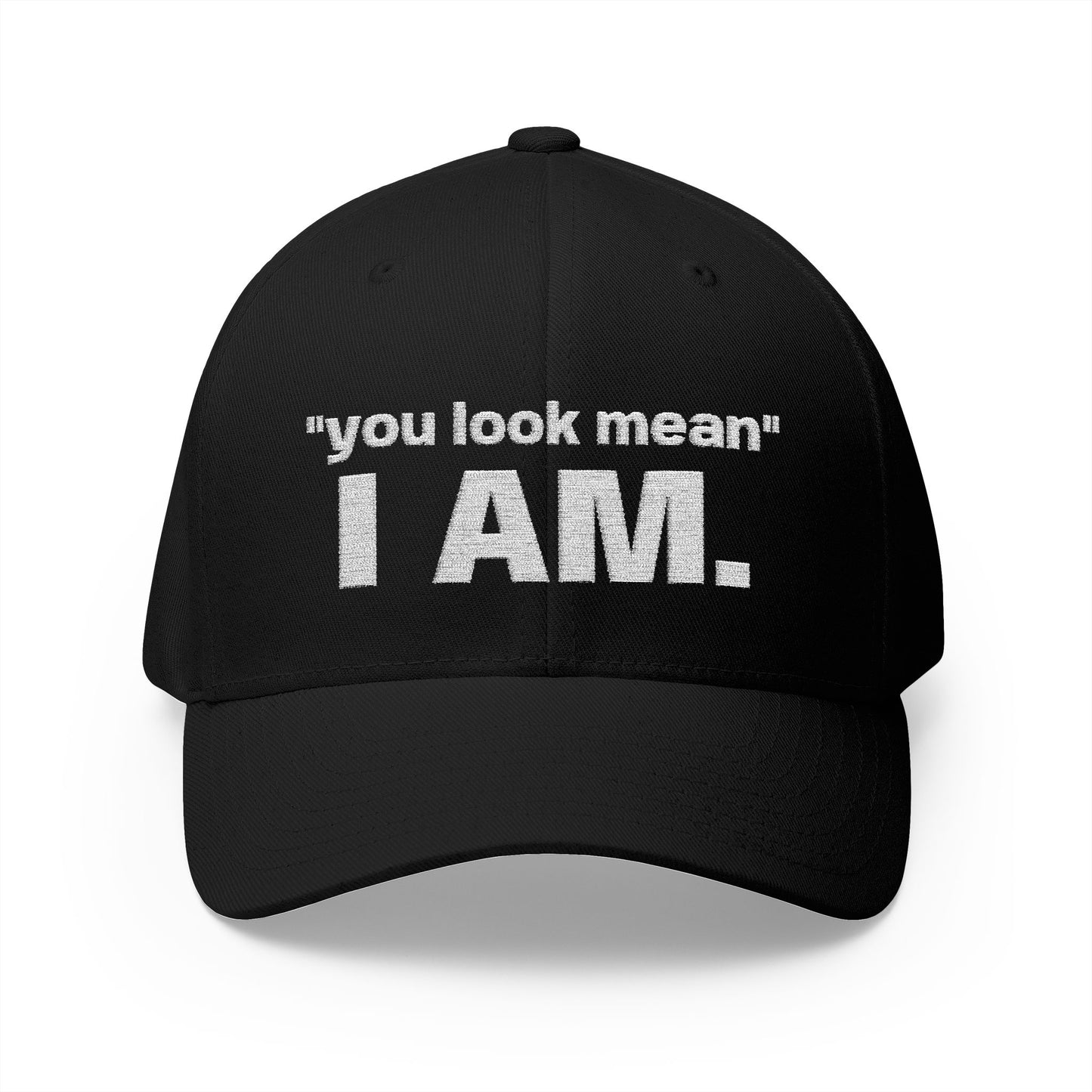 Hat embroidered with “You look mean” and “I am.” text.