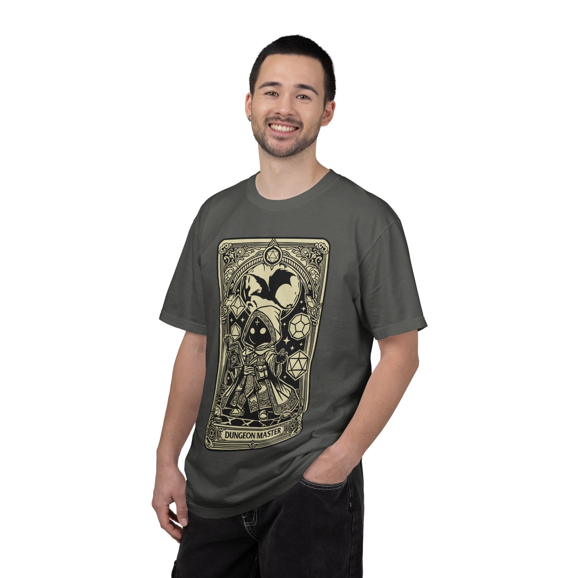 Man wearing a dark gray t-shirt with a dungeon master design on a white background