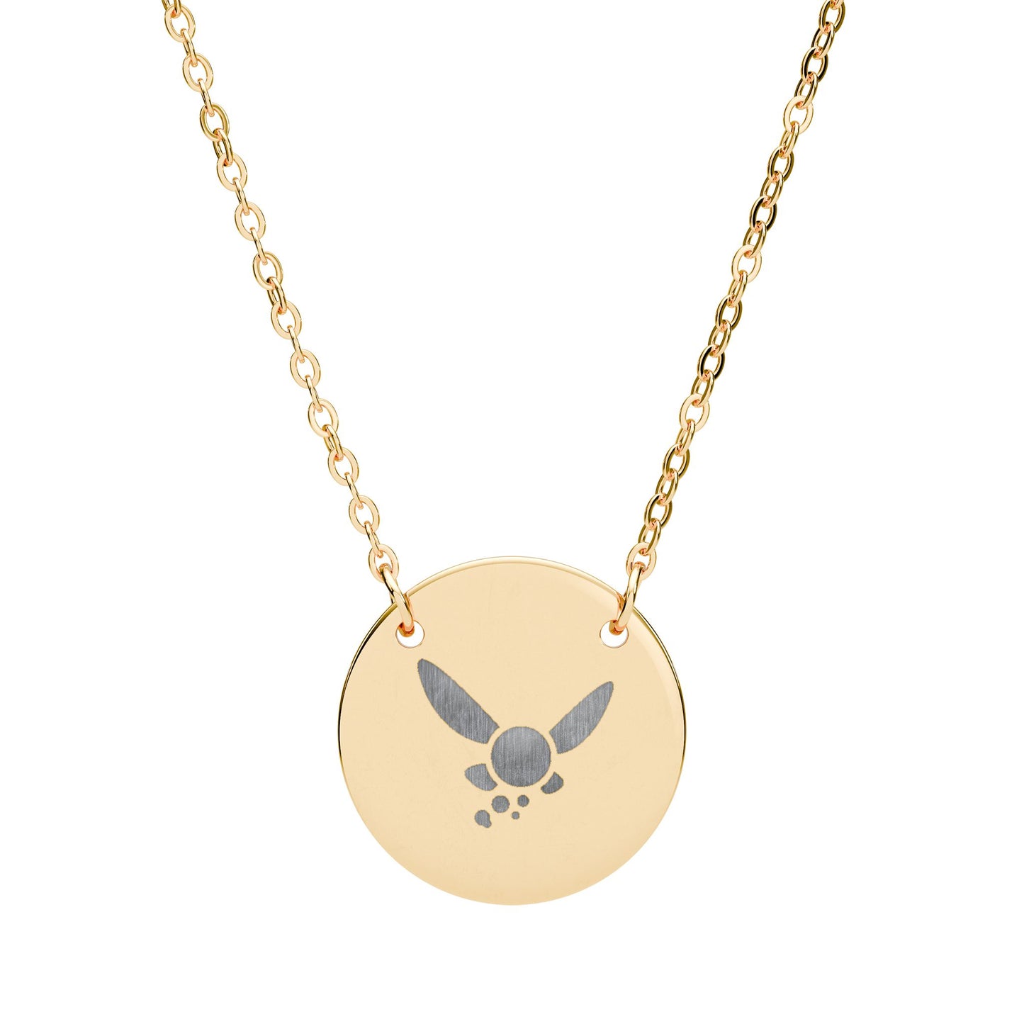 Laser engraved Navi fairy necklace on circular pendant.