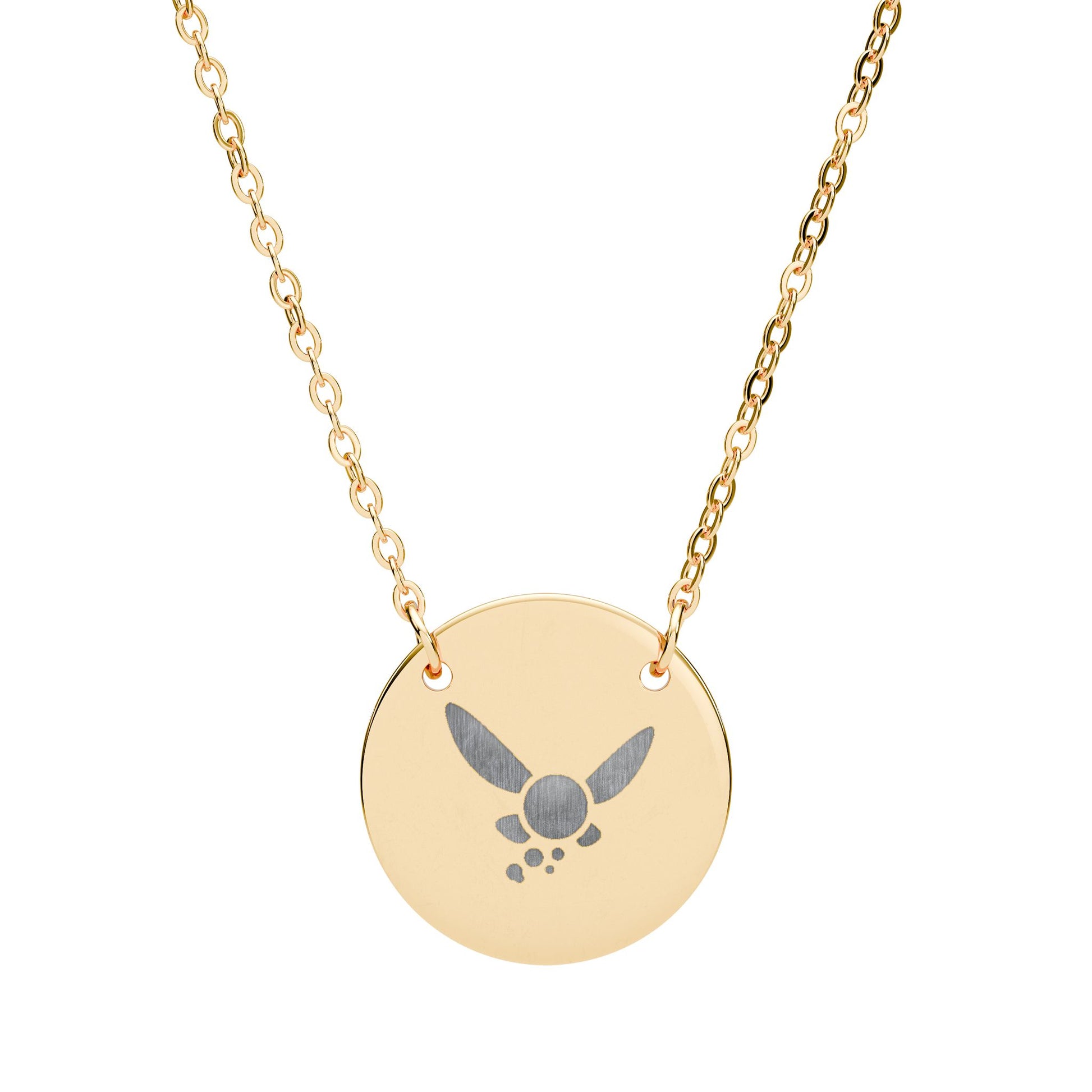 Laser engraved Navi fairy necklace on circular pendant.