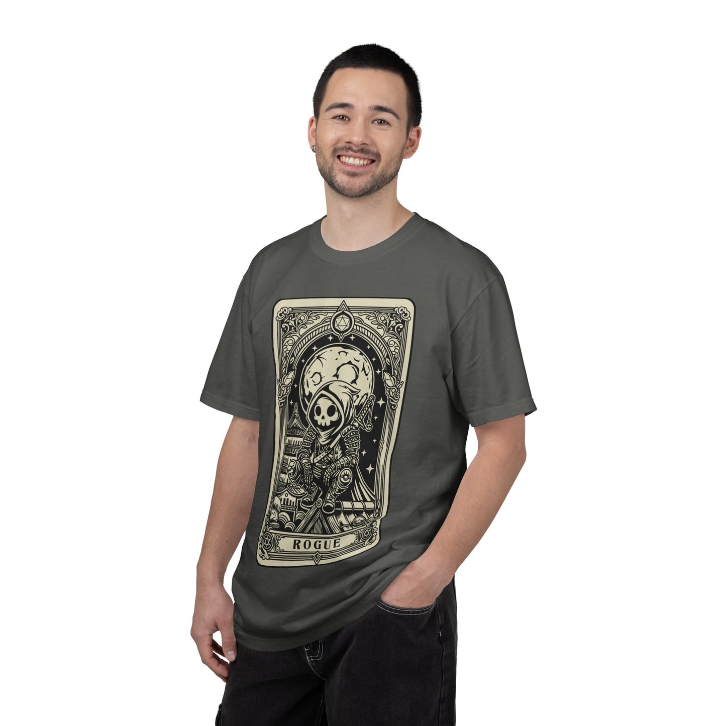 Man wearing a dark gray DND Rogue t-shirt with a graphic design on a white background
