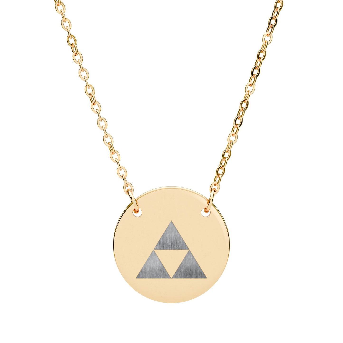 Gold necklace with a round pendant featuring a triforce design on a white background