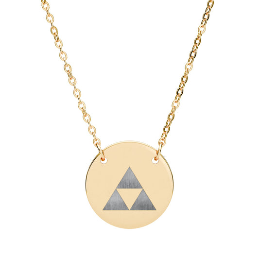 Gold necklace with a round pendant featuring a triforce design on a white background