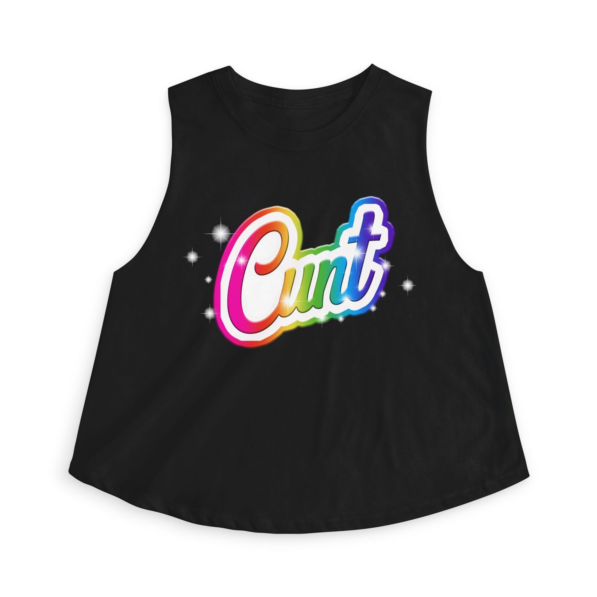 Crop top tank with rainbow Lisa Frank style Cunt lettering.