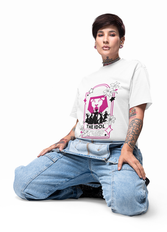 KPOP-inspired Saja Boys tarot card t-shirt featuring the Saja Boys as The Idol. Perfect for fans of KPOP, tarot, and unique fashion.