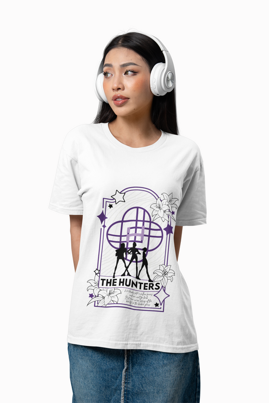 KPOP-inspired Huntrix tarot card t-shirt featuring Huntrix as The Hunters. Perfect for fans of KPOP, tarot, and unique fashion.