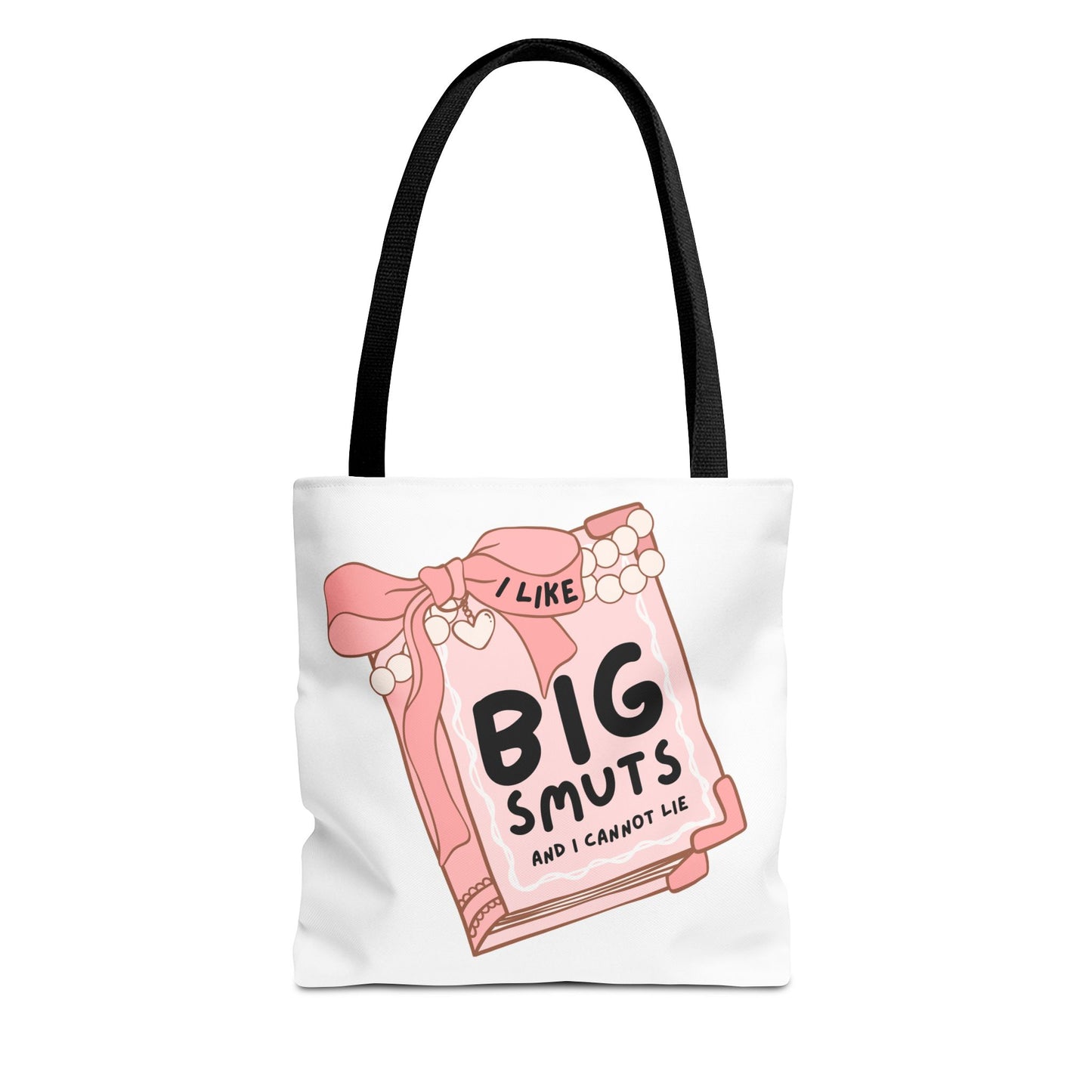 White tote bag with a pink book illustration and the phrase "I Like Big Smuts and I Cannot Lie." Perfect for romance readers, book lovers, and smut enthusiasts.