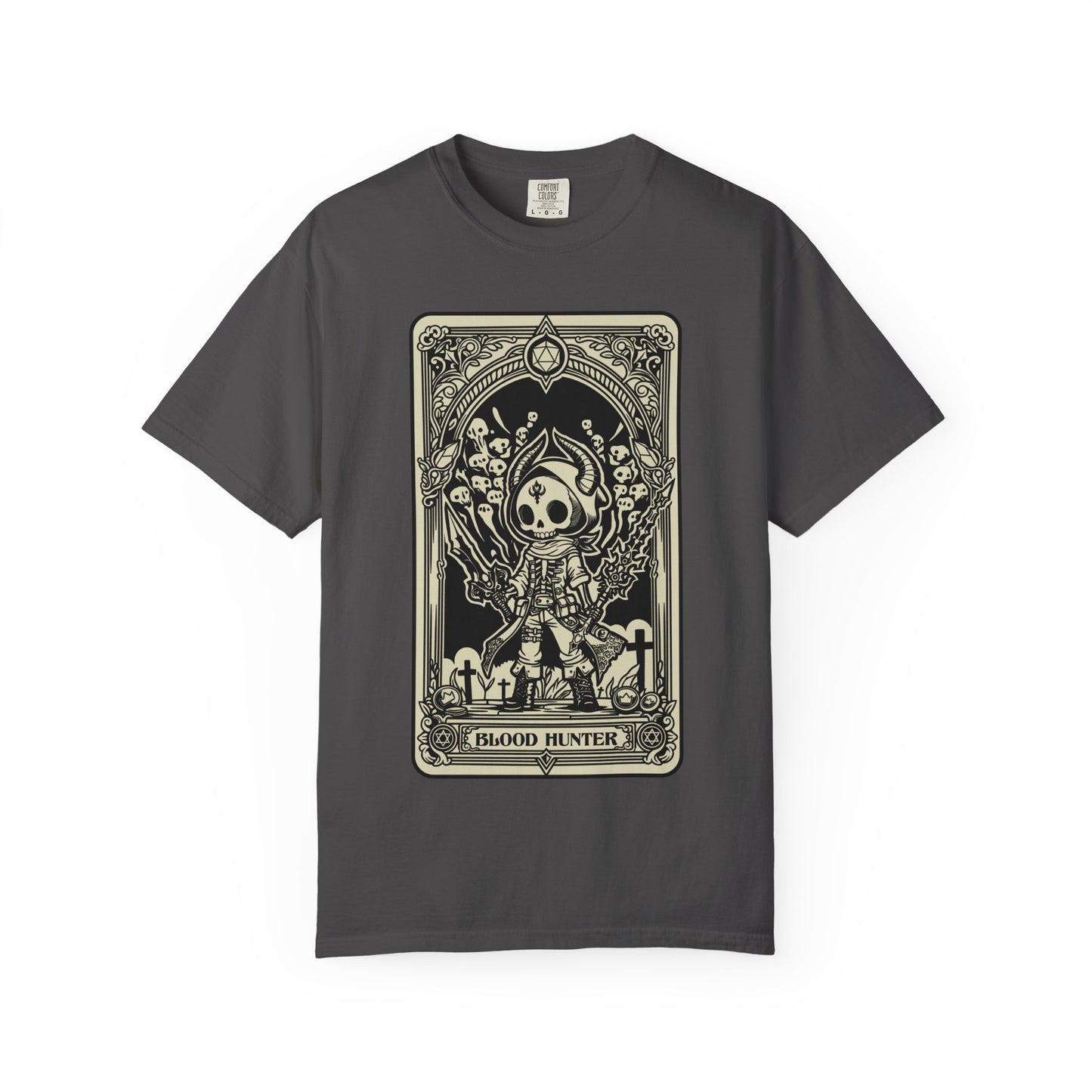Gray t-shirt with a DND Blood Hunter Tarot Card on a white background