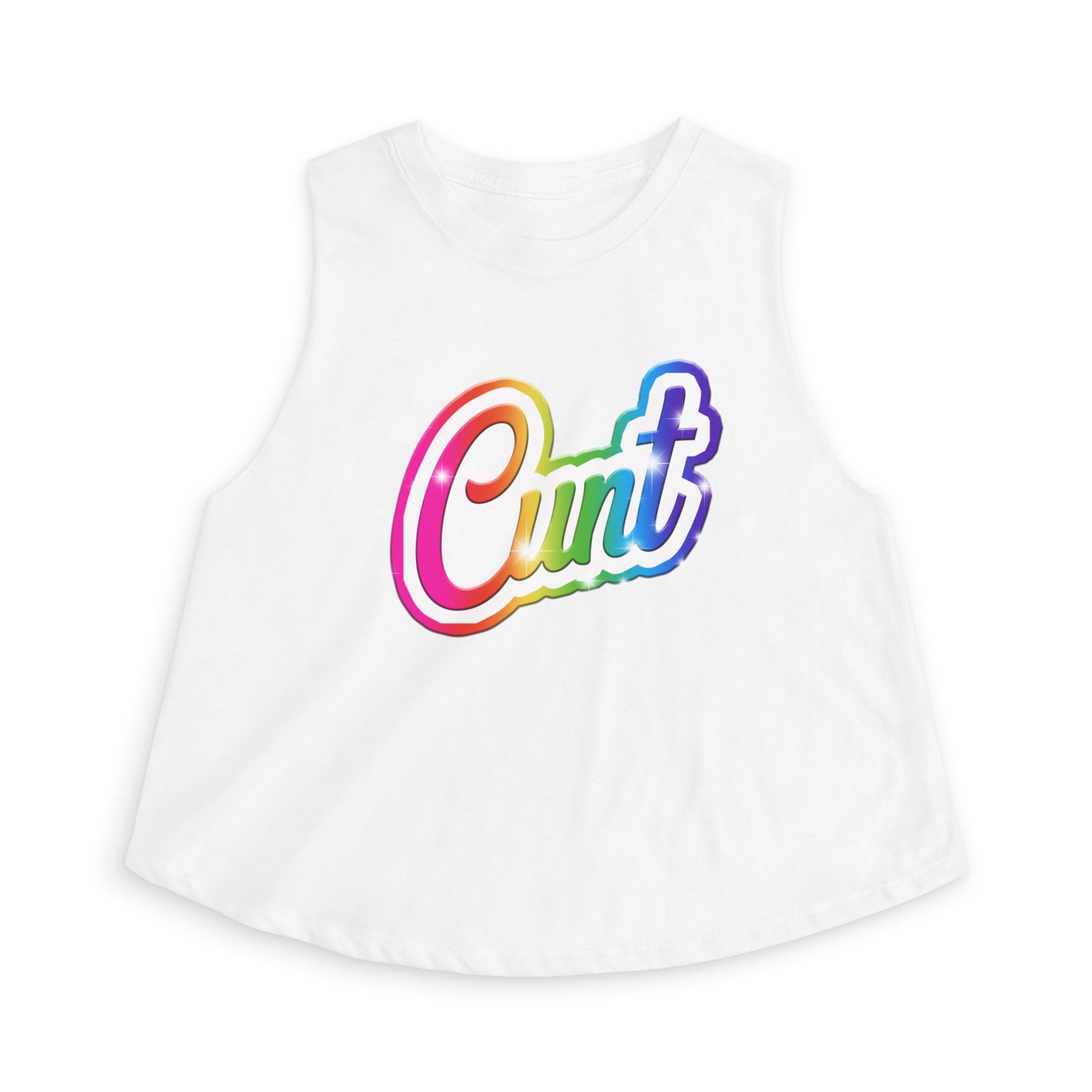 Crop top tank with rainbow Lisa Frank style Cunt lettering.