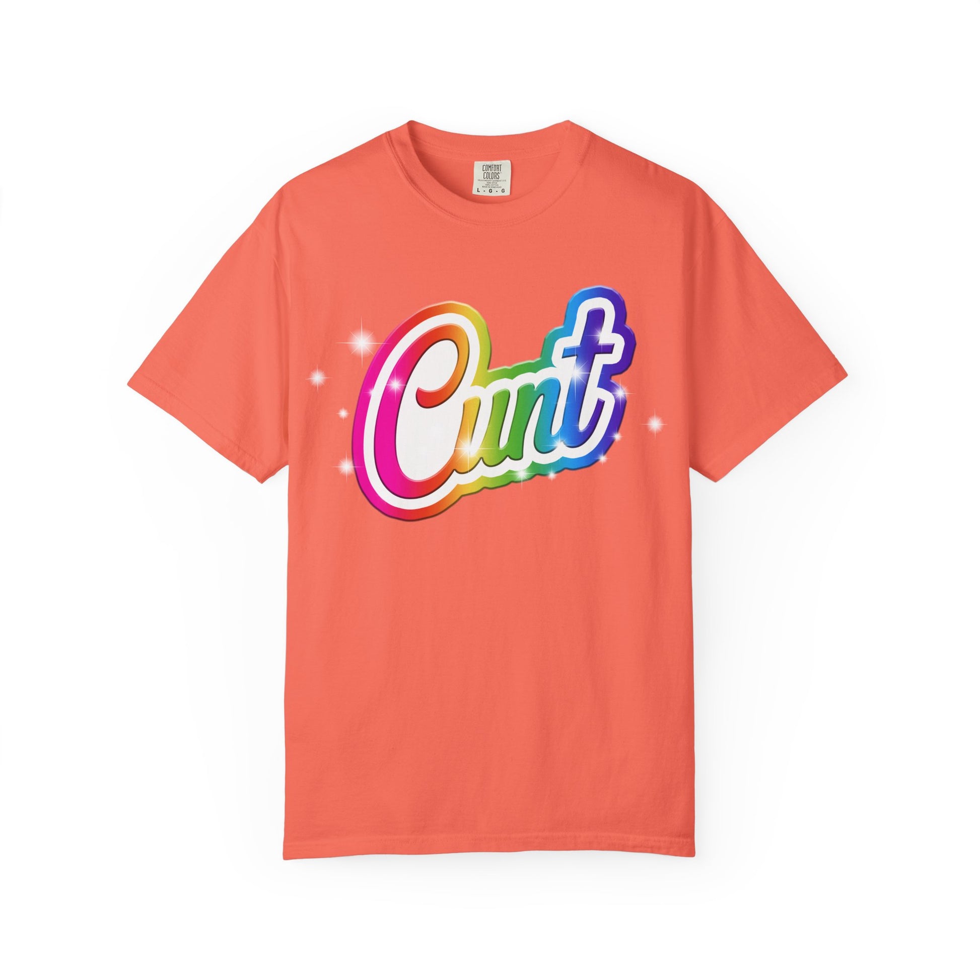 Unisex T-shirt with rainbow Lisa Frank style Cunt lettering.