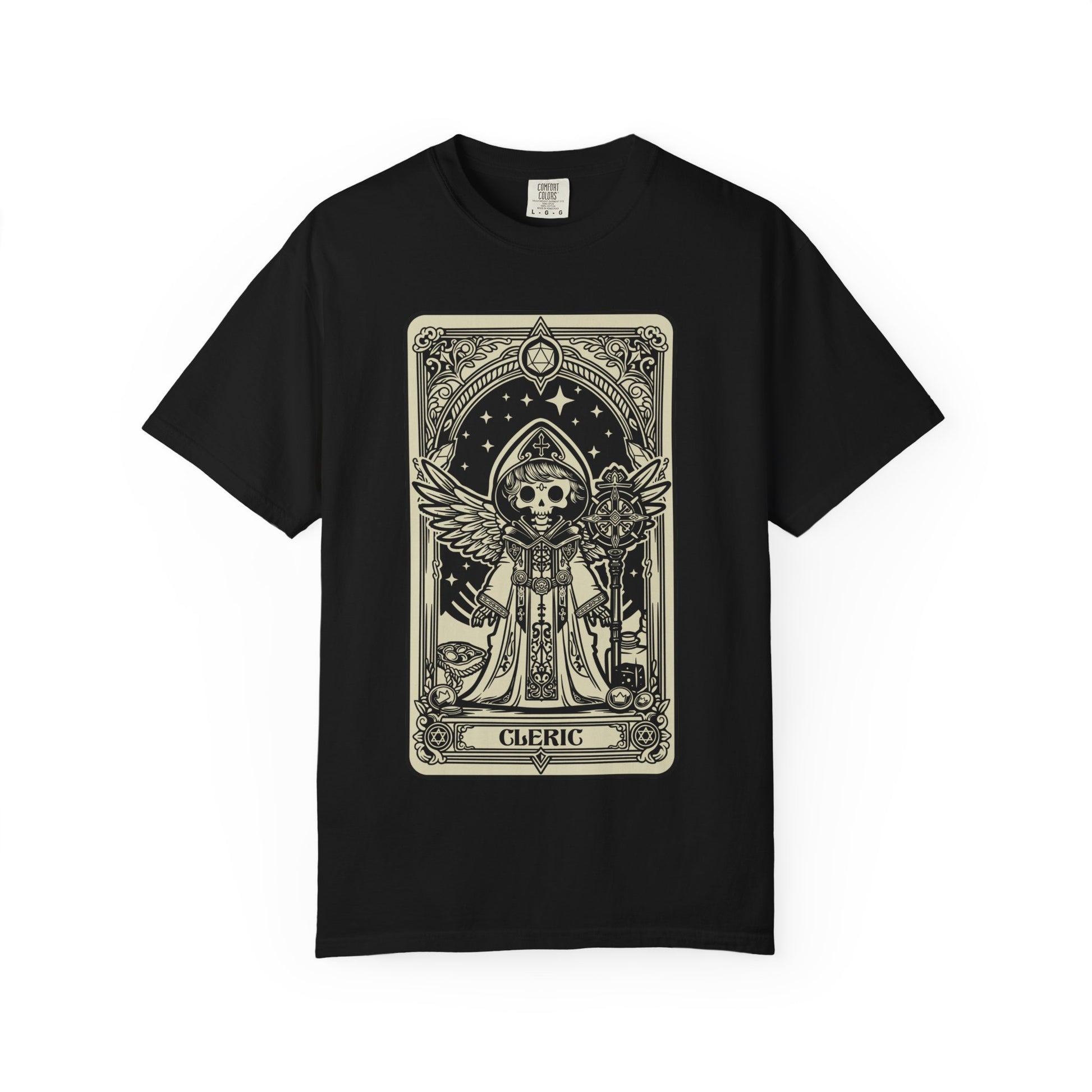 Black t-shirt with a DND Cleric graphic design of a card featuring a skull and wings on a white background