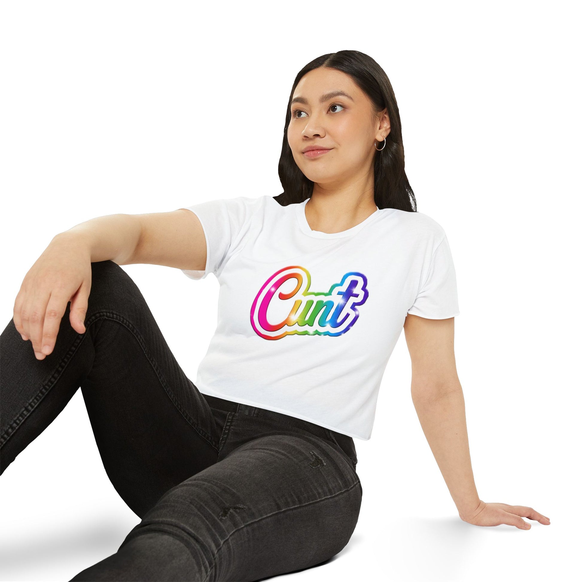Crop top t-shirt with rainbow Lisa Frank style Cunt lettering.