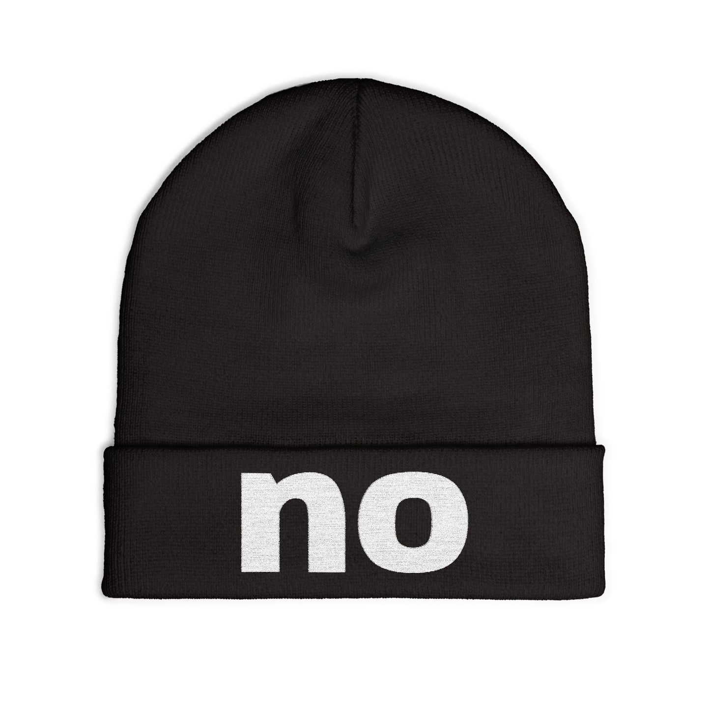 Embroidered beanie with the word “no”.